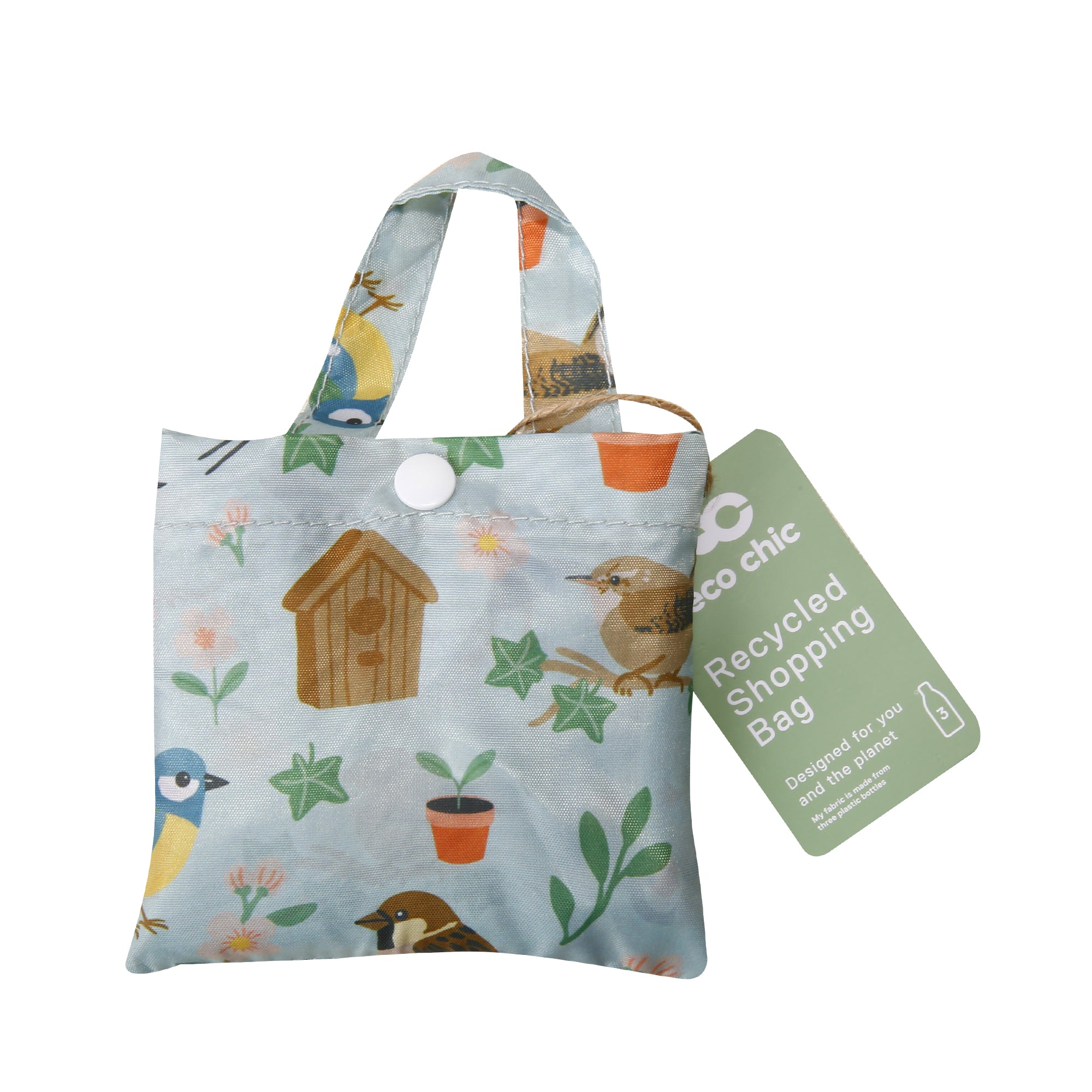A108GN - Eco Chic Lightweight Foldable Reusable Shopping Bag Garden Birds Green (Pack of 2)