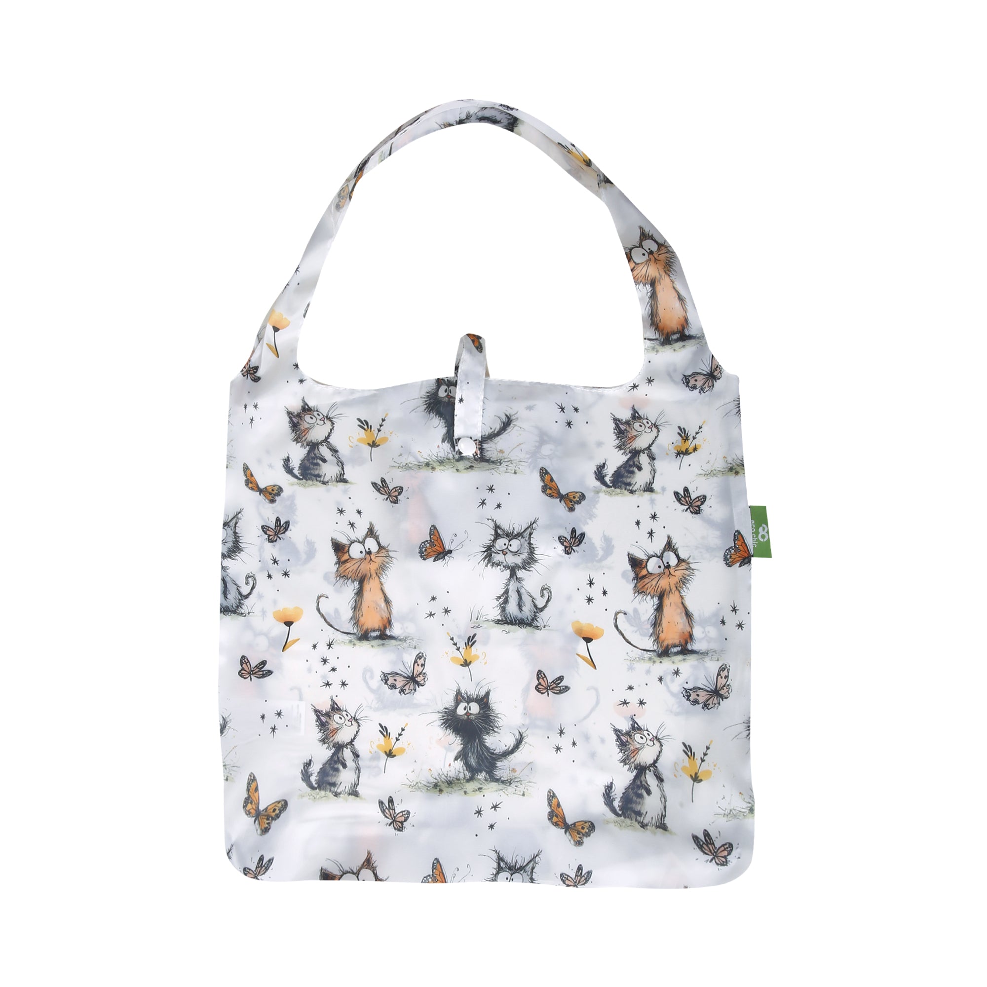 A111WT - Eco Chic Lightweight Foldable Reusable Shopping Bag Whimsy Cats White (Pack of 2)