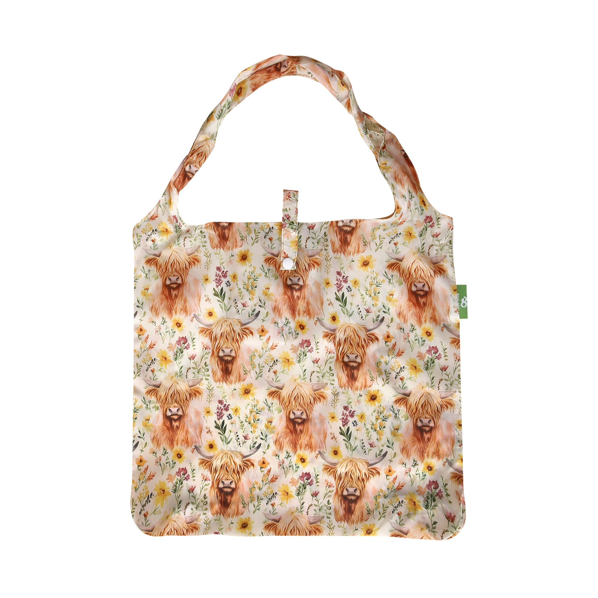 A116BG - Eco Chic Lightweight Foldable Reusable Shopping Bag Floral Highland Cow Beige (Pack of 2)
