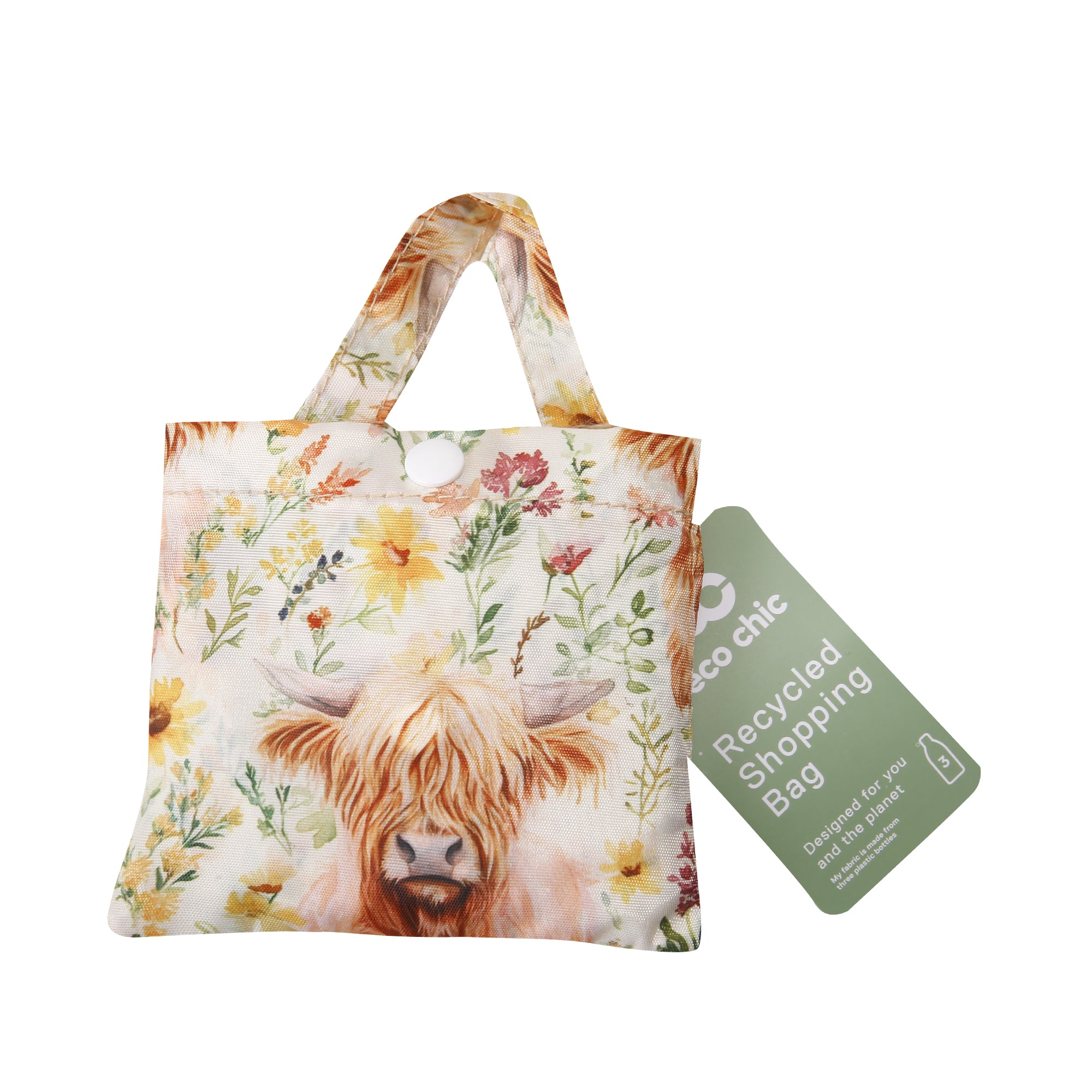 A116BG - Eco Chic Lightweight Foldable Reusable Shopping Bag Floral Highland Cow Beige (Pack of 2)