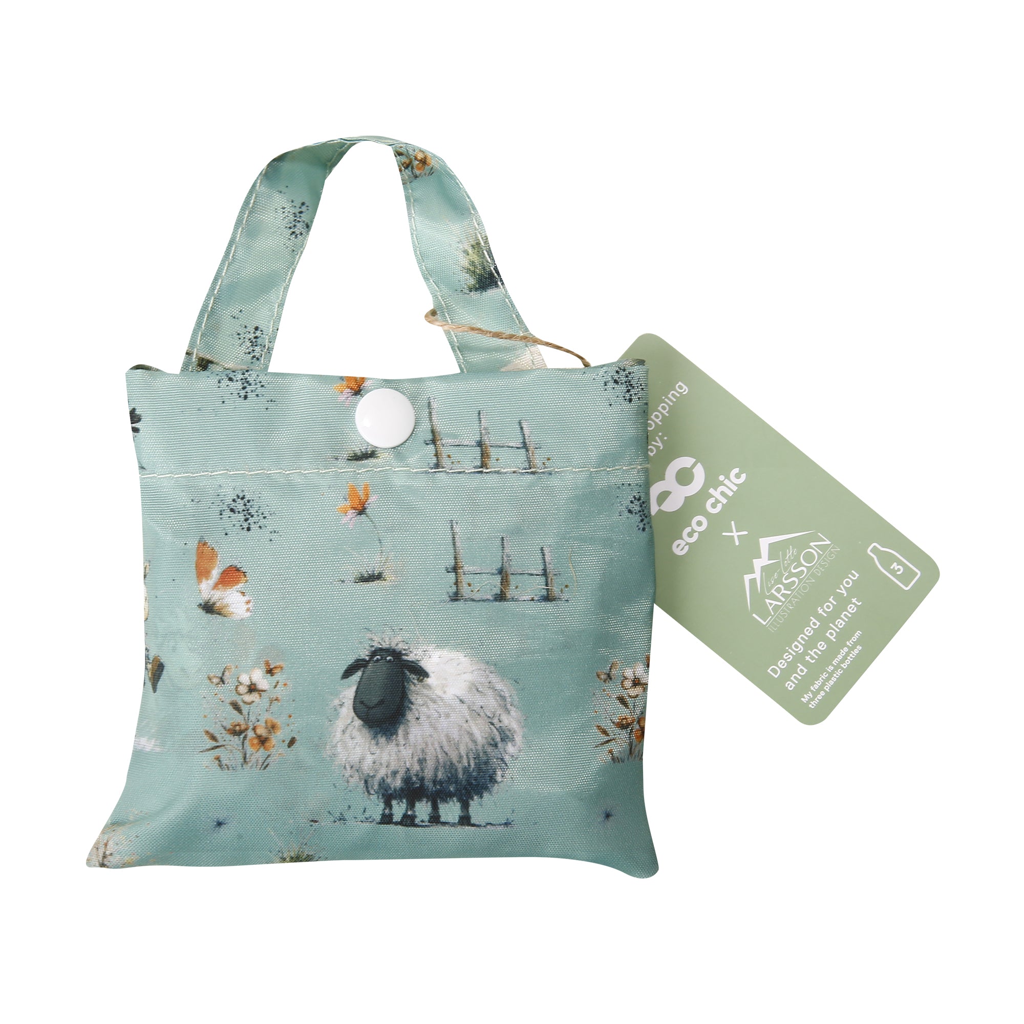 A119GN - Eco Chic Lightweight Foldable Reusable Shopping Bag Whimsy Sheep Green (Pack of 2)