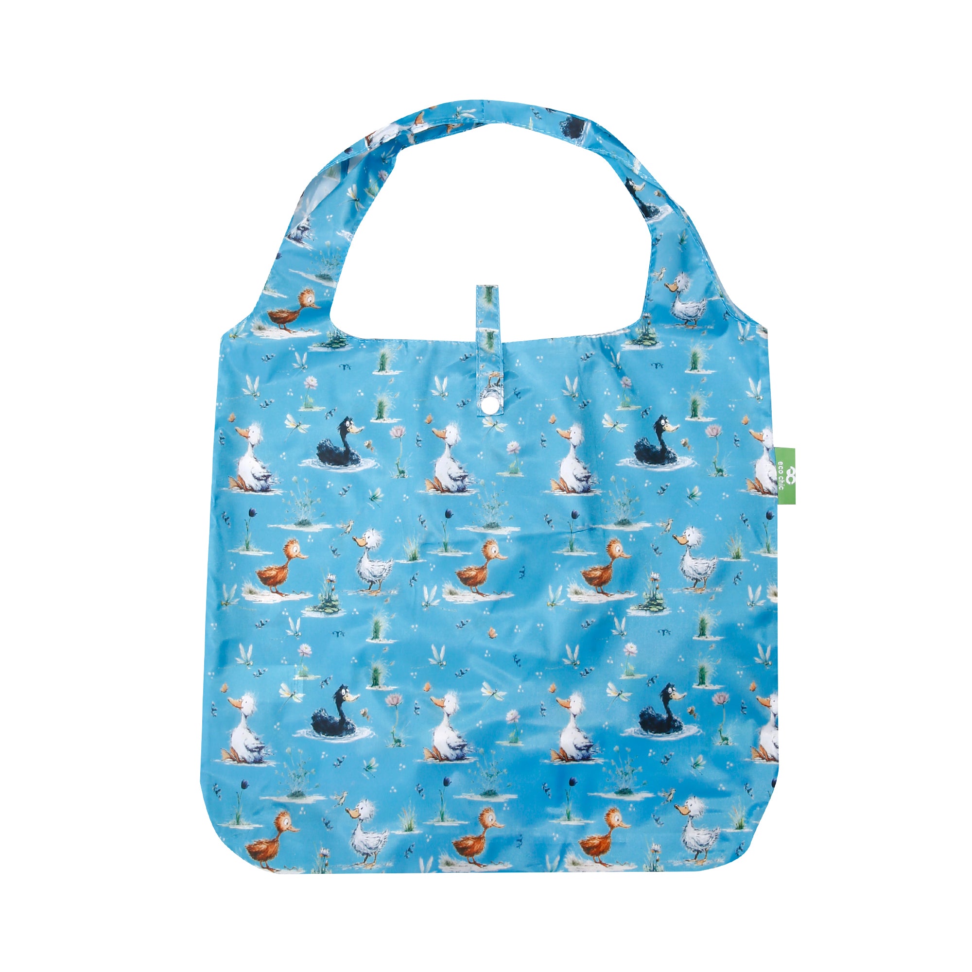 A120BU - Eco Chic Lightweight Foldable Reusable Shopping Bag Whimsy Ducks Blue (Pack of 2)