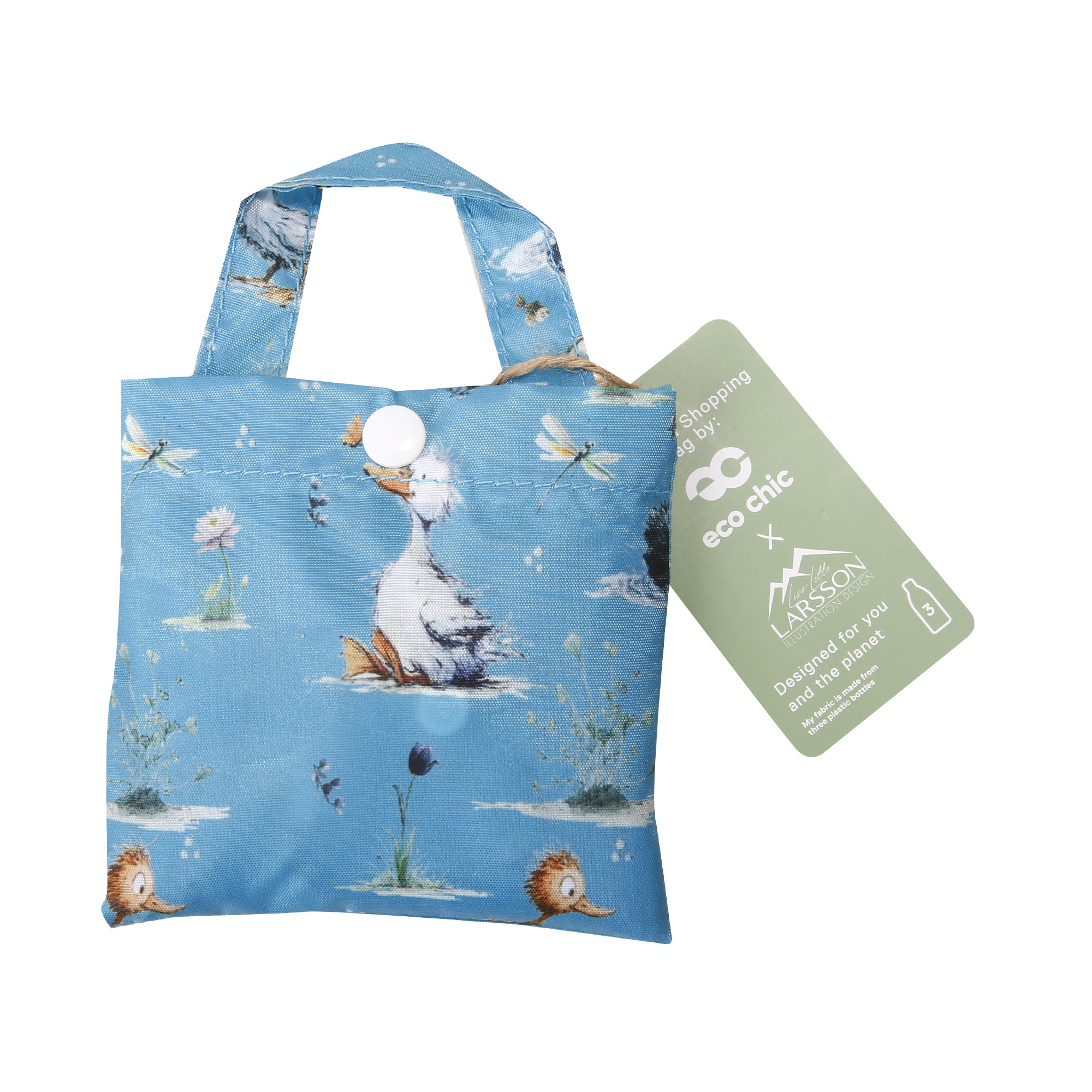 A120BU - Eco Chic Lightweight Foldable Reusable Shopping Bag Whimsy Ducks Blue (Pack of 2)