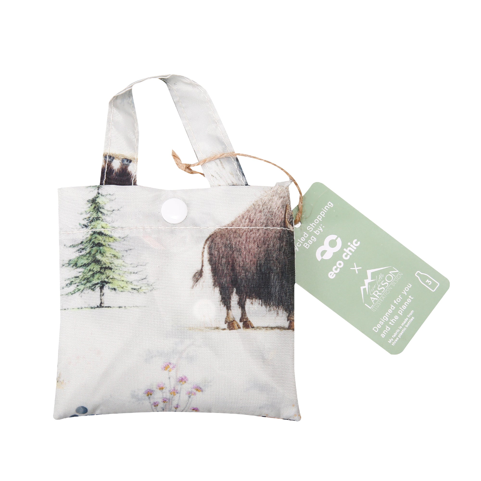 A121BG - Eco Chic Lightweight Foldable Reusable Shopping Bag Whimsy Buffalo Beige (Pack of 2)