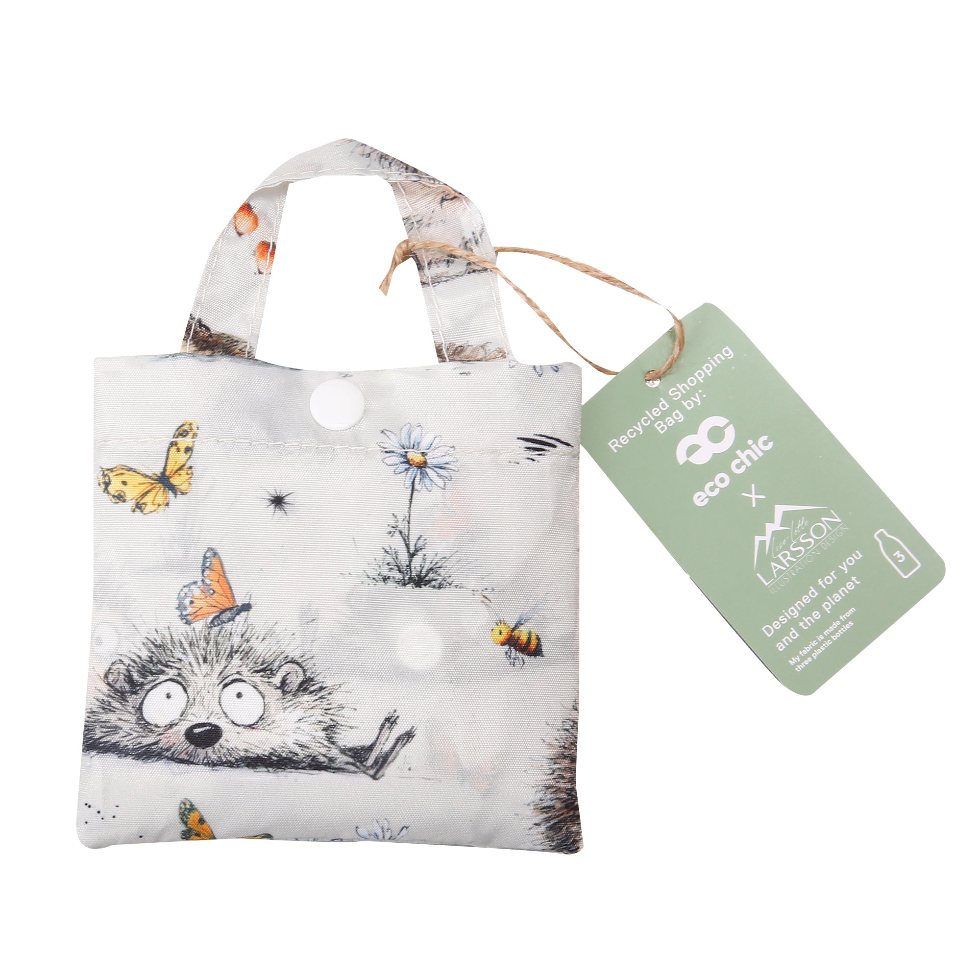 A122BG - Eco Chic Lightweight Foldable Reusable Shopping Bag Whimsy Hedgehogs Beige (Pack of 2)
