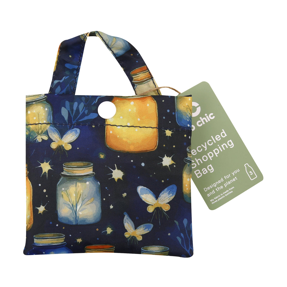 A125BU - Eco Chic Lightweight Foldable Reusable Shopping Bag Jars and Fireflies Blue (Pack of 2)