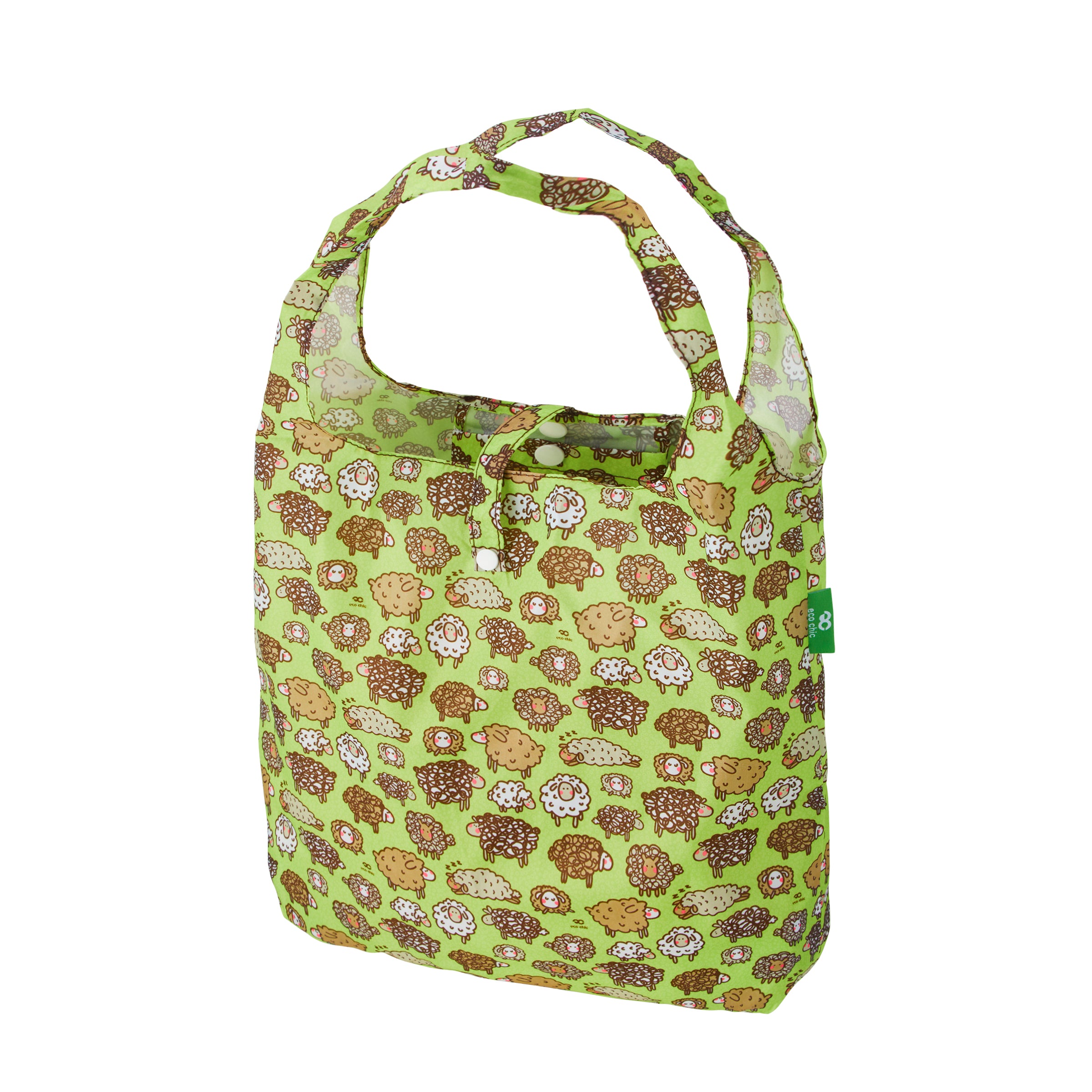 A44GN - Eco Chic Foldable Reusable Shopping Bag Cute Sheep Green (Pack of 2)