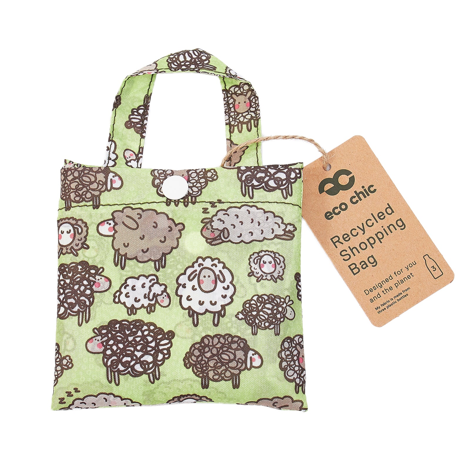 A44GN - Eco Chic Foldable Reusable Shopping Bag Cute Sheep Green (Pack of 2)