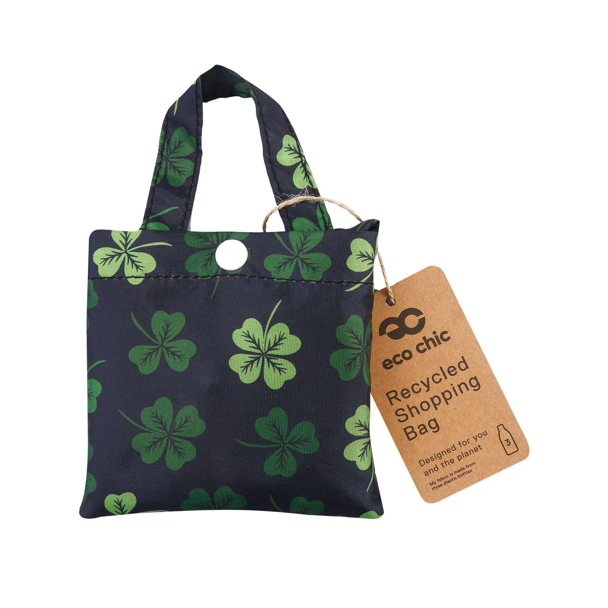 A95BK - Sac de courses pliable et réutilisable Eco Chic, léger, motif trèfle noir (lot de 2)
