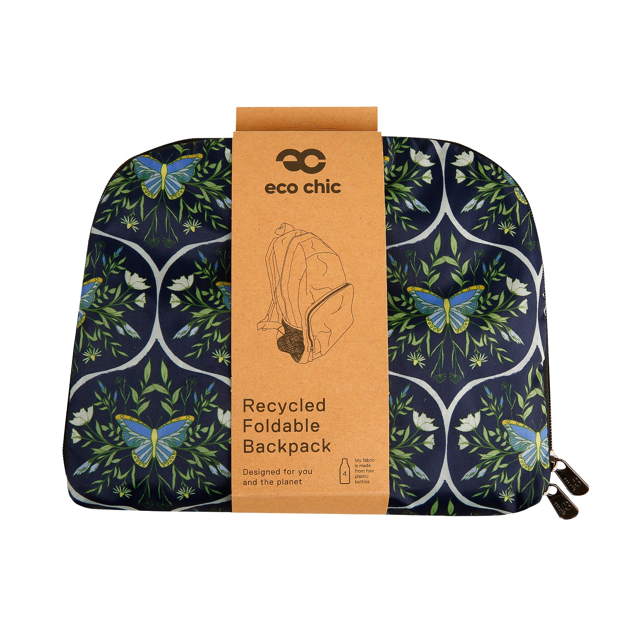 B103NY - Eco Chic Lightweight Foldable Backpack Butterflies Navy (Pack of 2)