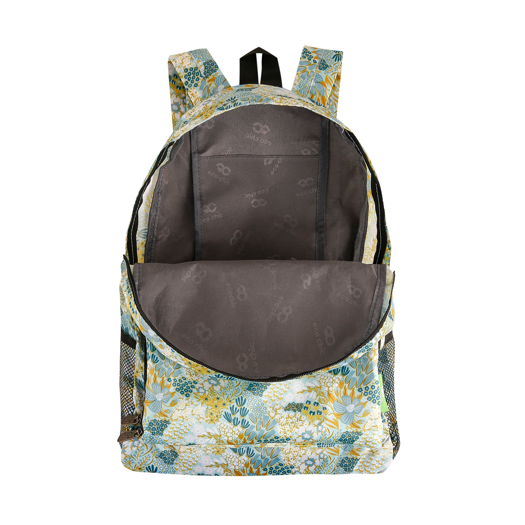 B104BU - Eco Chic Lightweight Foldable Backpack Mixed Flowers Blue (Pack of 2)