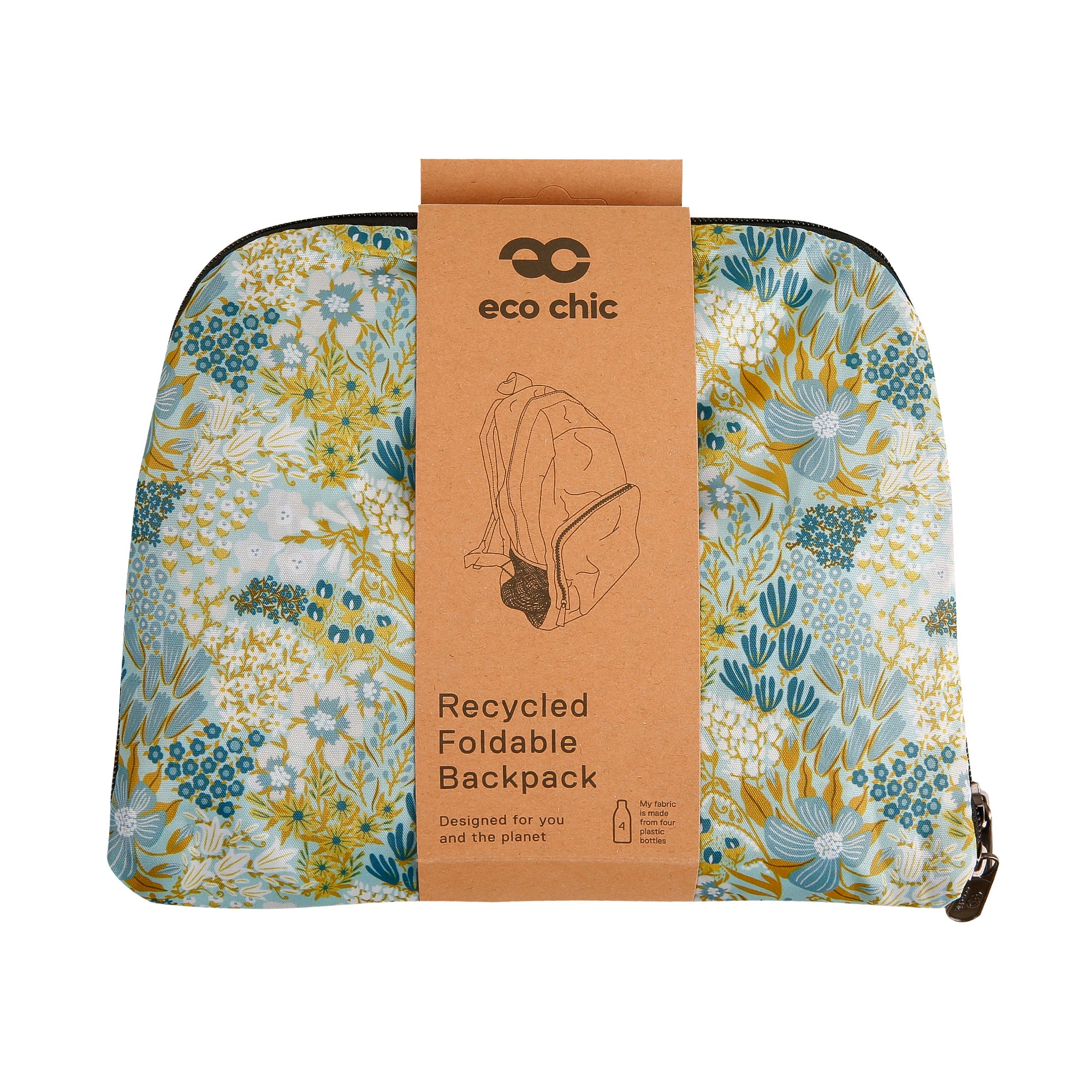 B104BU - Eco Chic Lightweight Foldable Backpack Mixed Flowers Blue (Pack of 2)