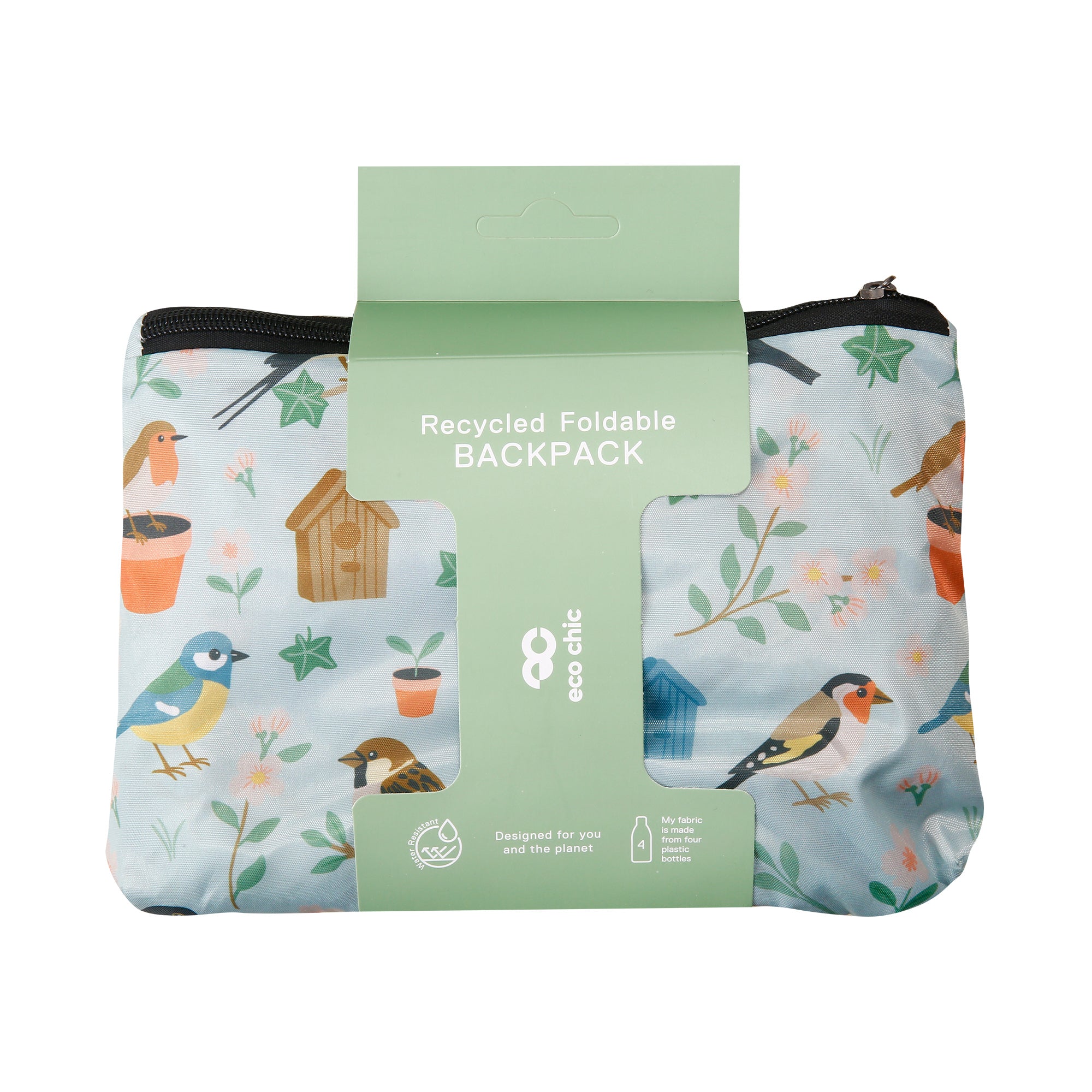 B108GN - Eco Chic Lightweight Foldable Backpack Garden Birds Green (Pack of 2)