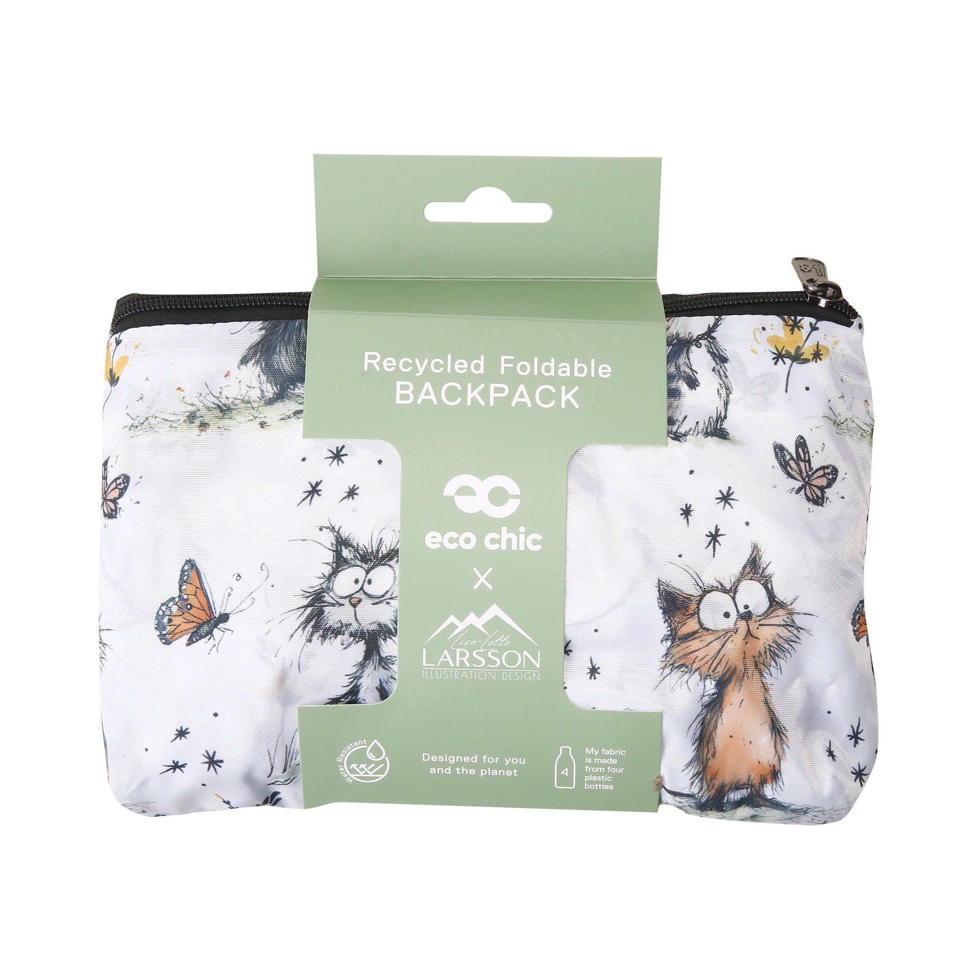 B111WT - Eco Chic Lightweight Foldable Backpack Whimsy Cats White (Pack of 2)