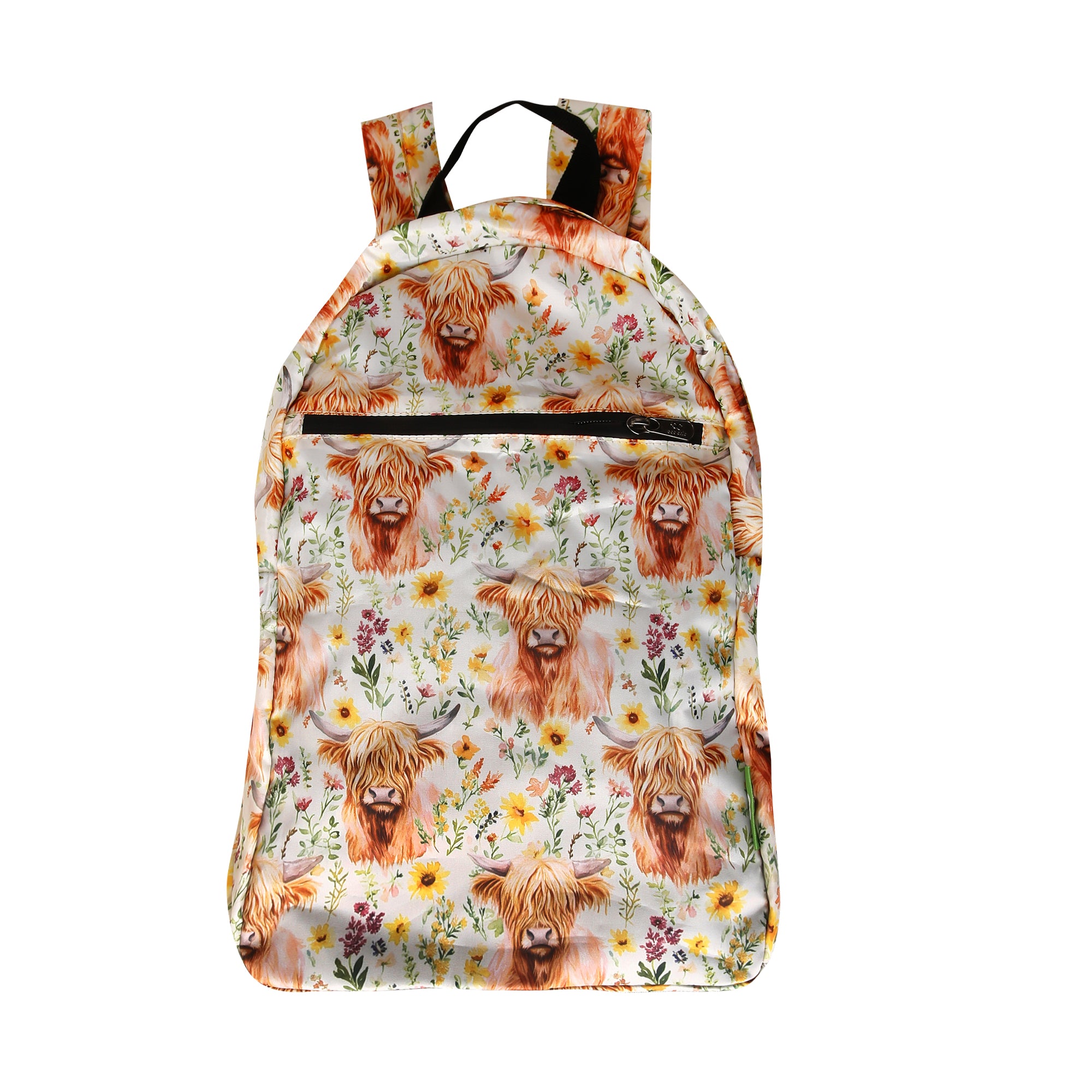 B116BG - Eco Chic Lightweight Foldable Backpack Floral Highland Cow Beige (Pack of 2)