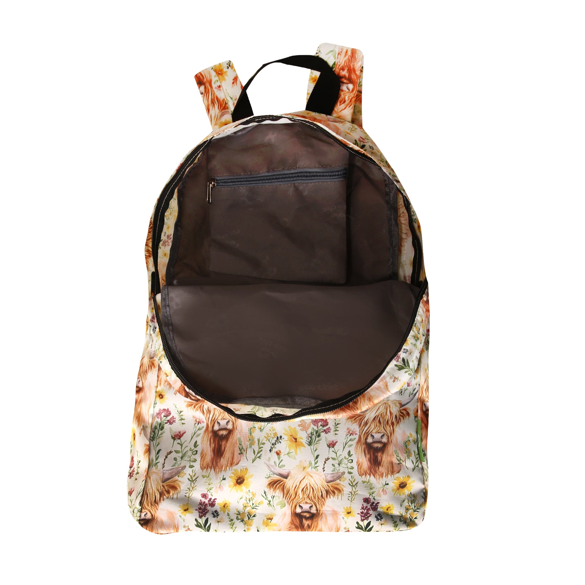 B116BG - Eco Chic Lightweight Foldable Backpack Floral Highland Cow Beige (Pack of 2)