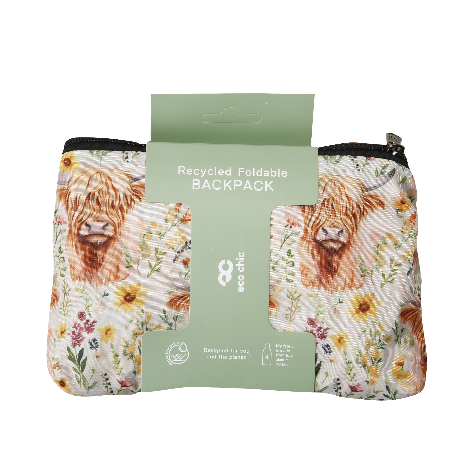 B116BG - Eco Chic Lightweight Foldable Backpack Floral Highland Cow Beige (Pack of 2)