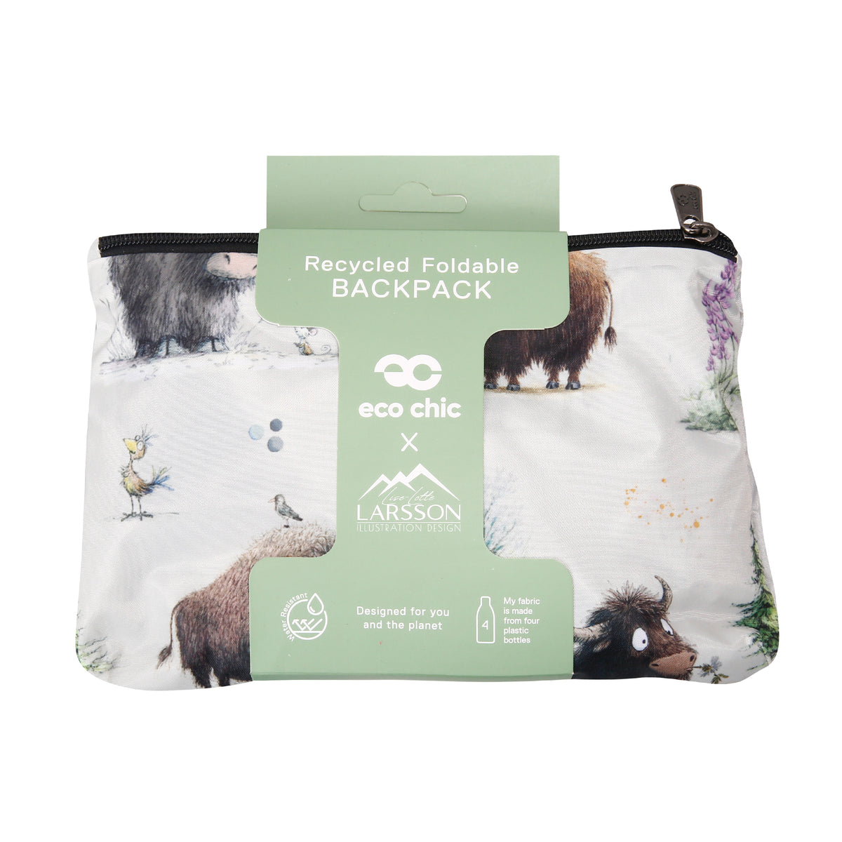 B121BG - Eco Chic Lightweight Foldable Backpack Whimsy Buffalo Beige (Pack of 2)