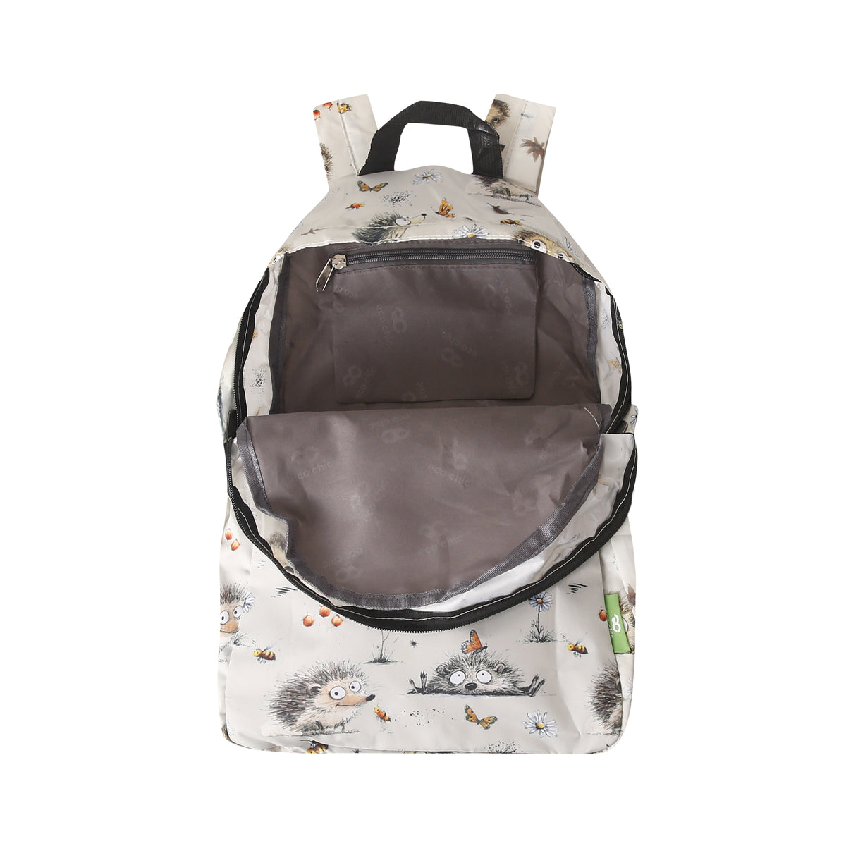 B122BG - Eco Chic Lightweight Foldable Backpack Whimsy Hedgehogs Beige (Pack of 2)