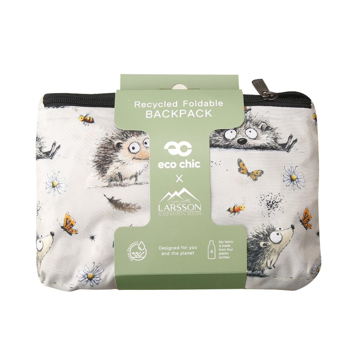 B122BG - Eco Chic Lightweight Foldable Backpack Whimsy Hedgehogs Beige (Pack of 2)
