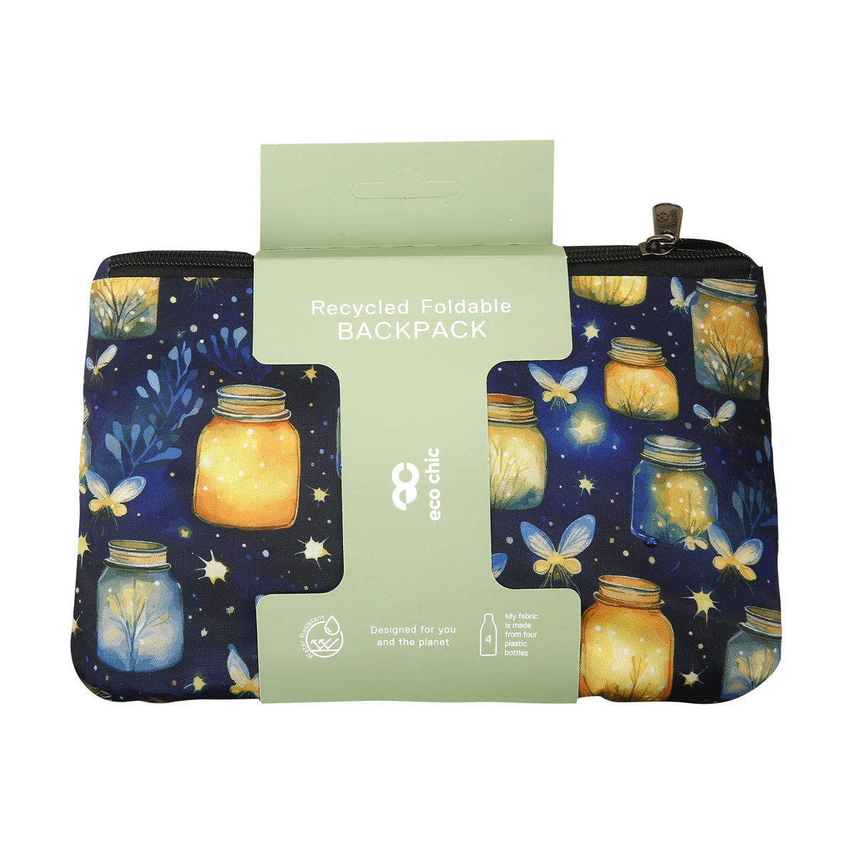 B125BU - Eco Chic Lightweight Foldable Backpack Jars and Fireflies Blue (Pack of 2)