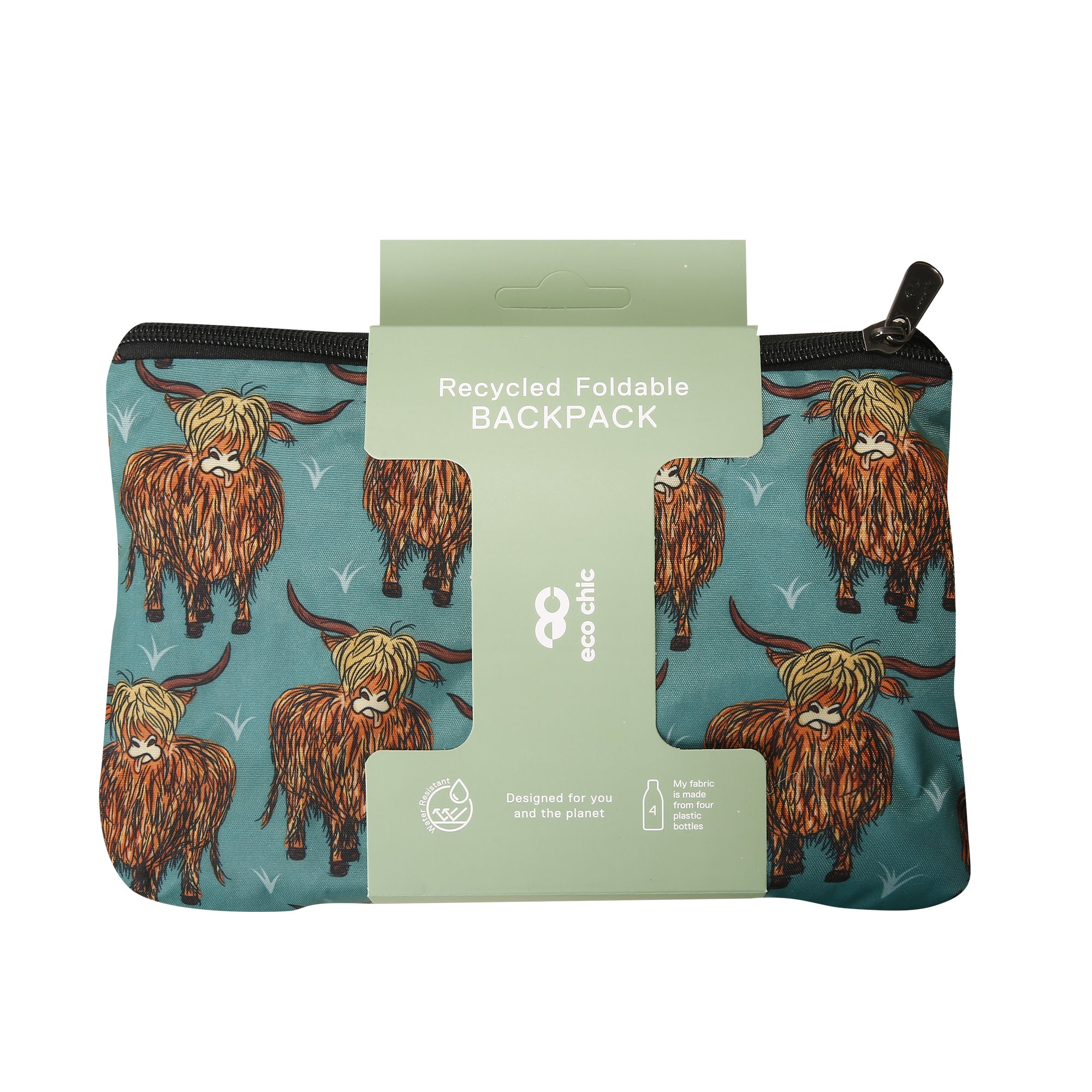 B24TL - Eco Chic Lightweight Foldable Backpack Highland Cow Teal (Pack of 2)