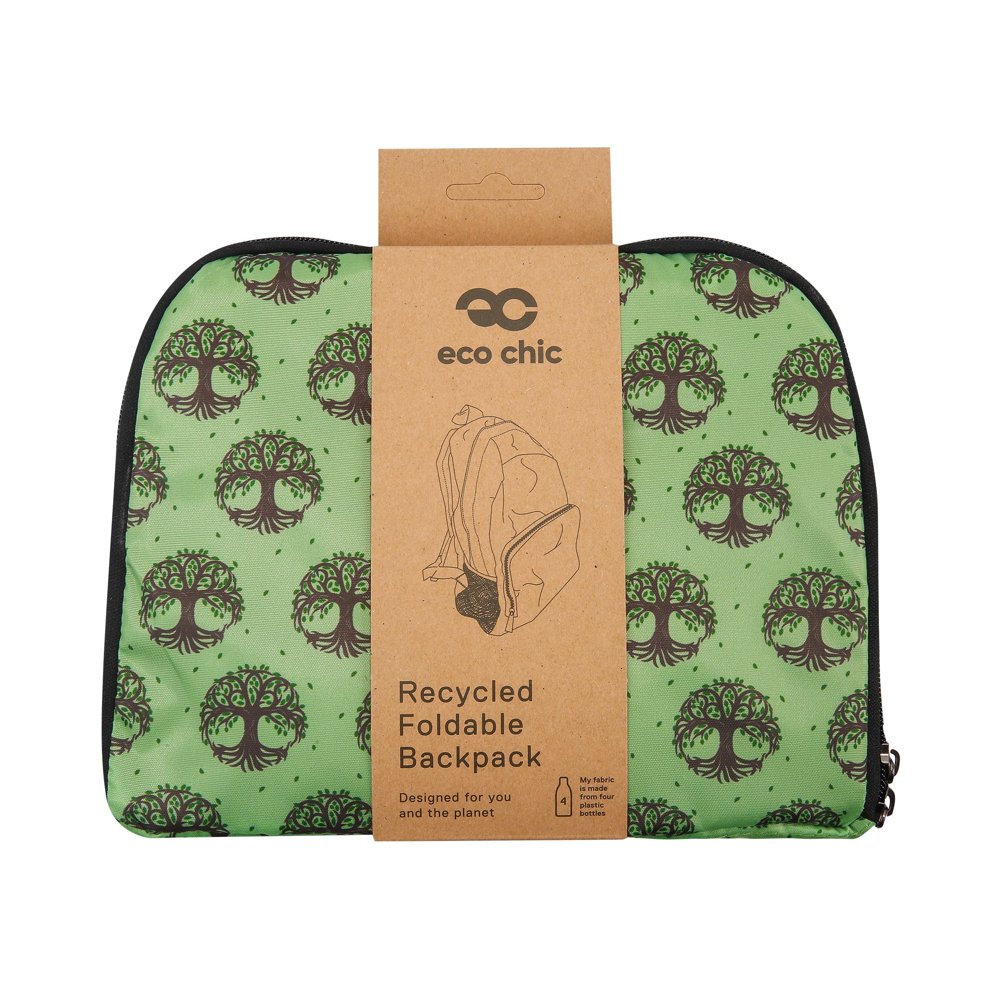 B96GN - Eco Chic Lightweight Foldable Backpack New Tree of Life Green (Pack of 2)