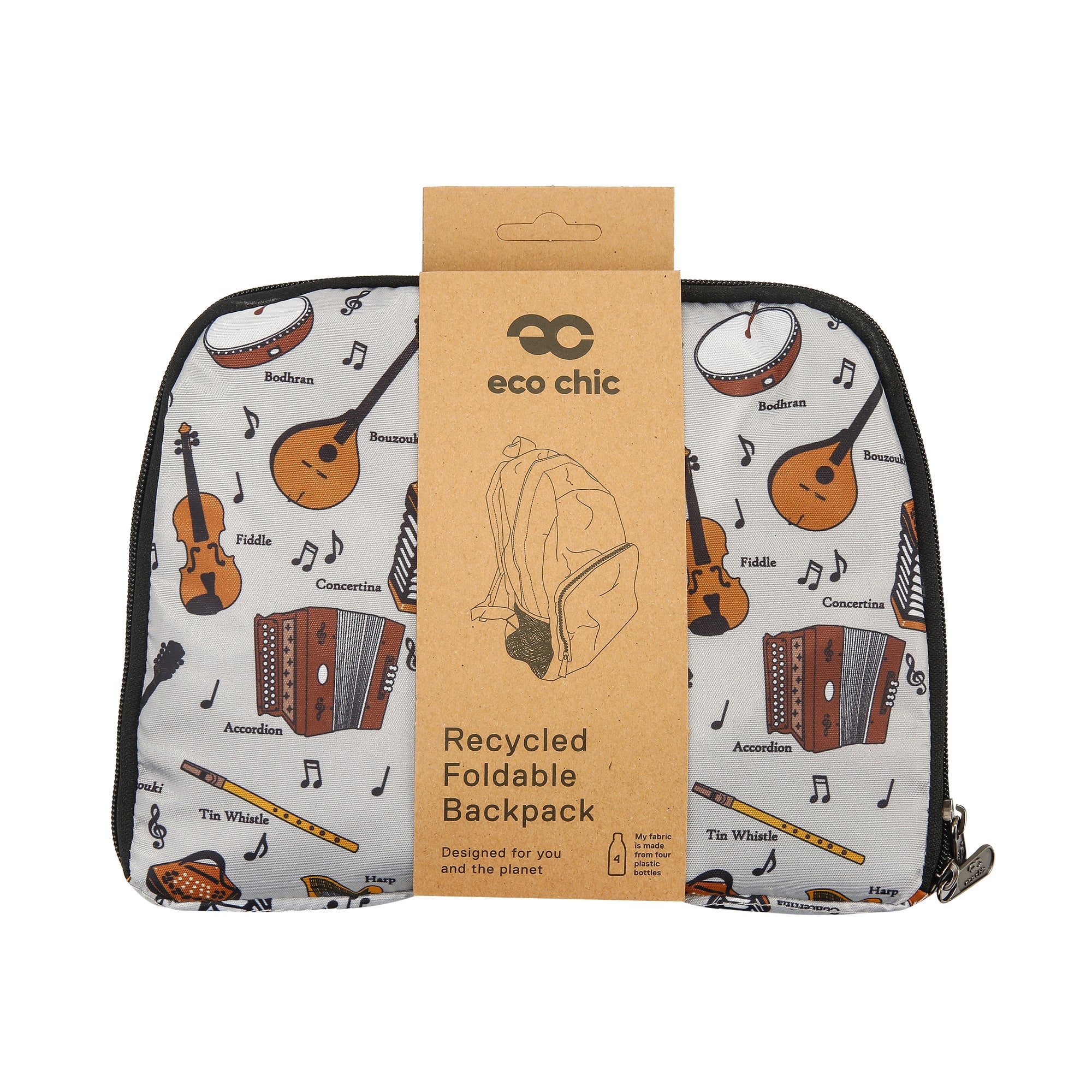 B97GY - Eco Chic Lightweight Foldable Backpack Music Grey (Pack of 2)