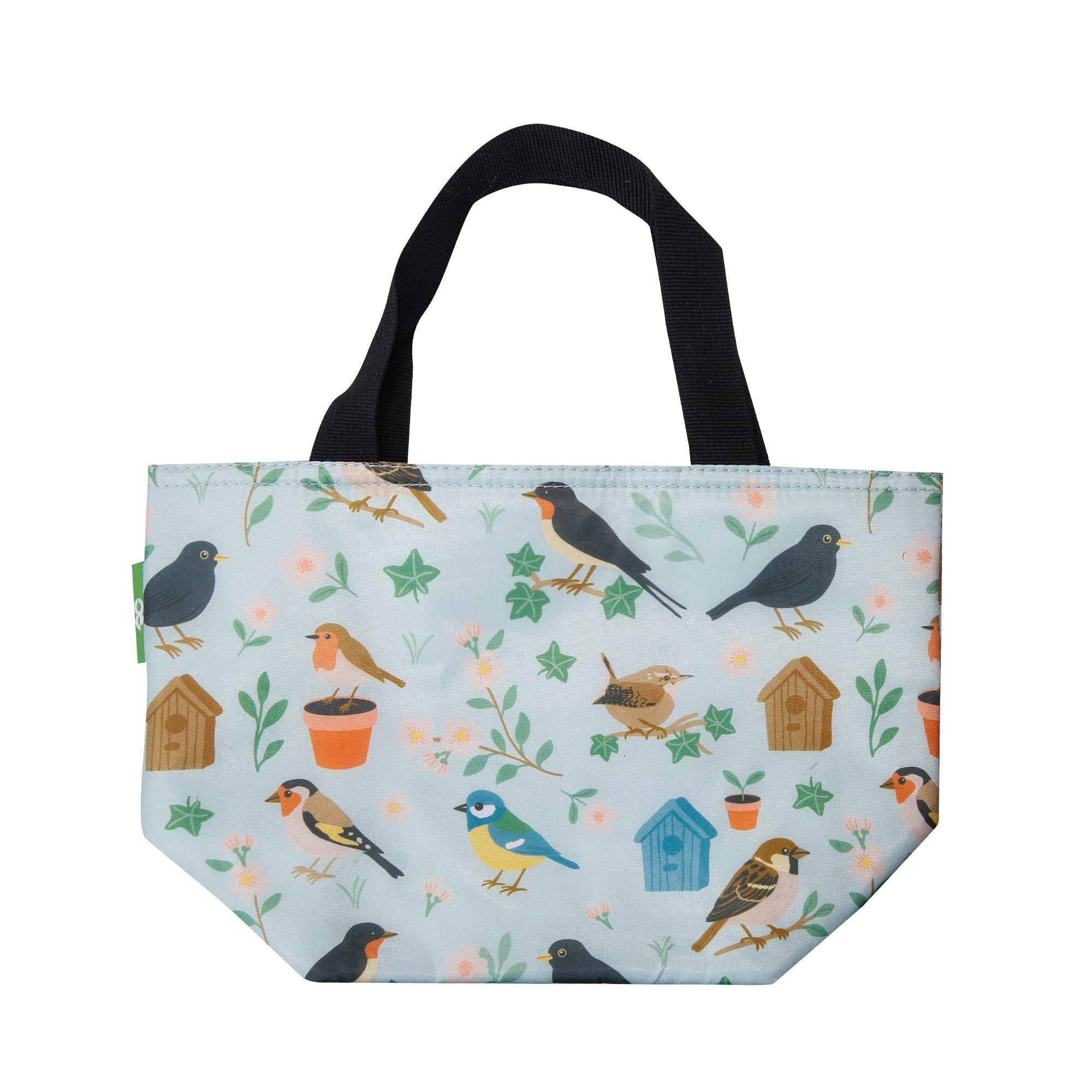 C108GN - Eco Chic Lightweight Foldable Lunch Bag Garden Birds Green (Pack of 2)