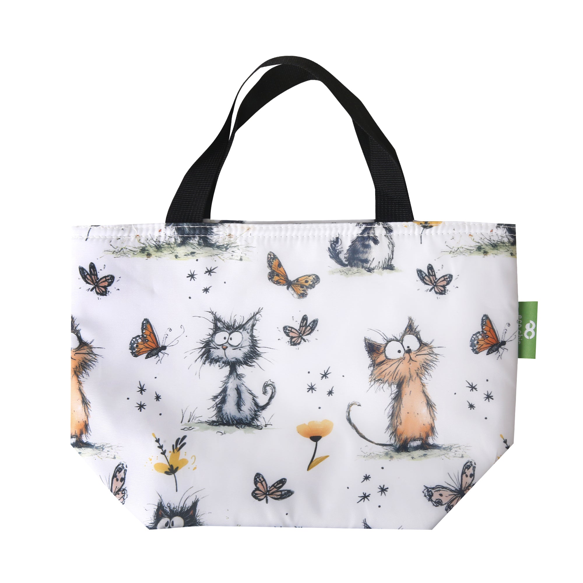 C111WT - Eco Chic Lightweight Foldable Lunch Bag Whimsy Cats White (Pack of 2)