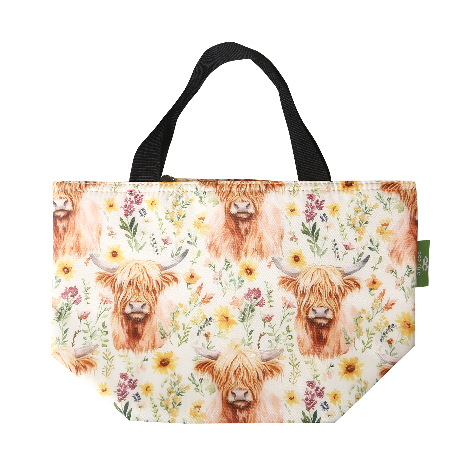 C116BG - Eco Chic Lightweight Foldable Lunch Bag Floral Highland Cow Beige (Pack of 2)