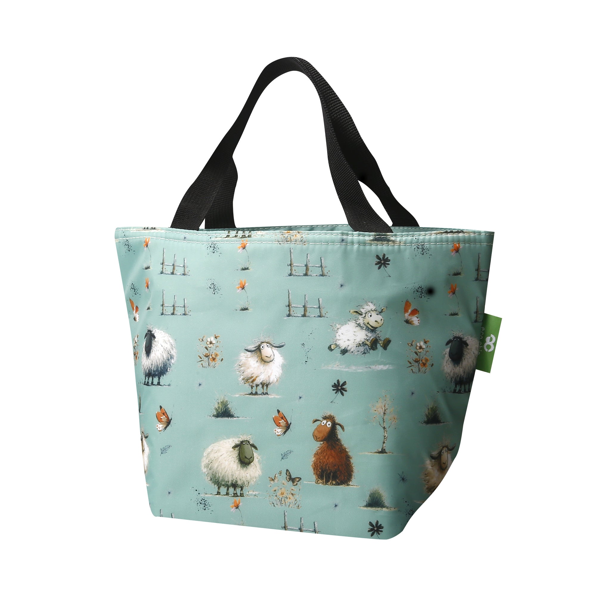 C119GN - Eco Chic Lightweight Foldable Lunch Bag Whimsy Sheep Green (Pack of 2)