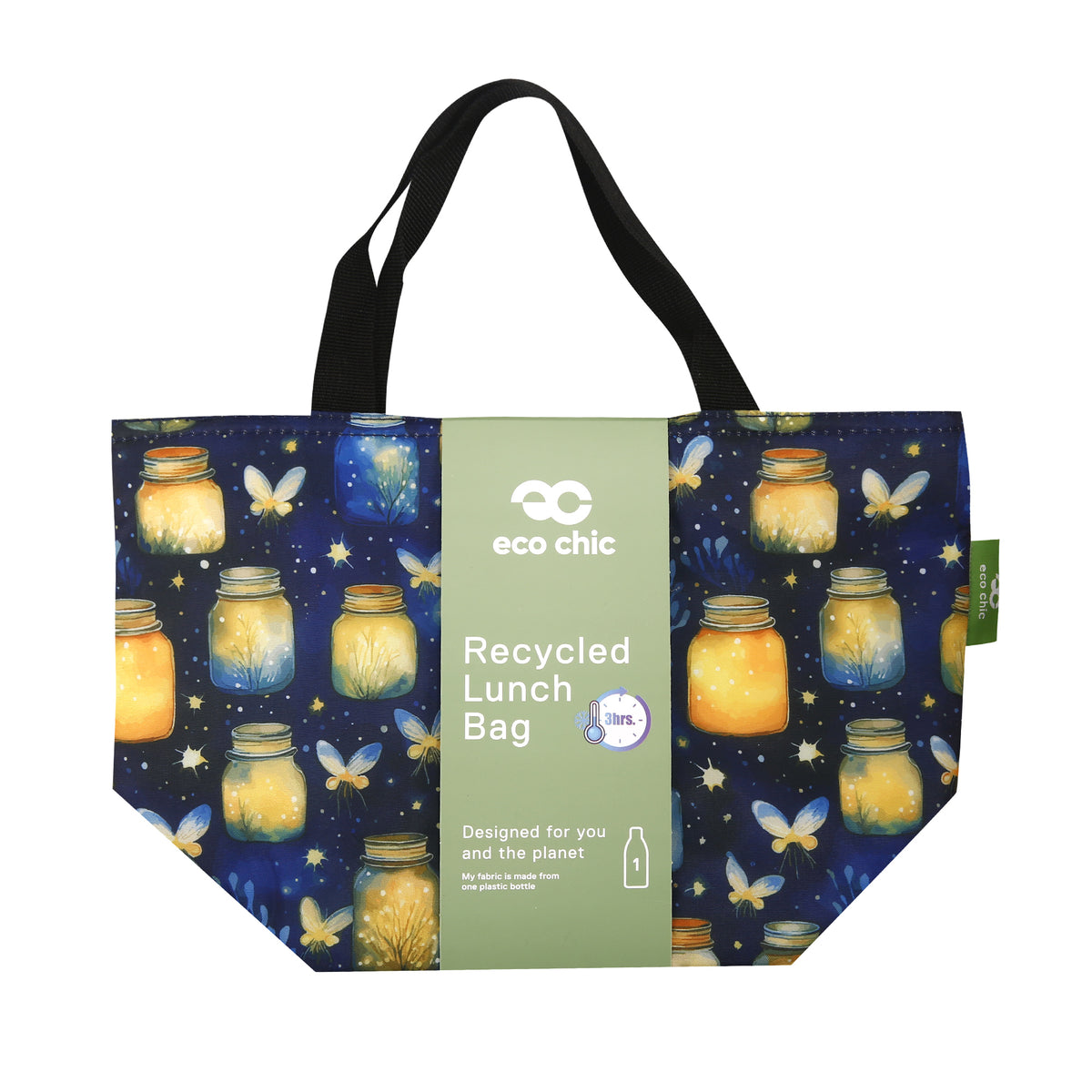 C125BU - Eco Chic Lightweight Foldable Lunch Bag Jars and Fireflies Blue (Pack of 2)