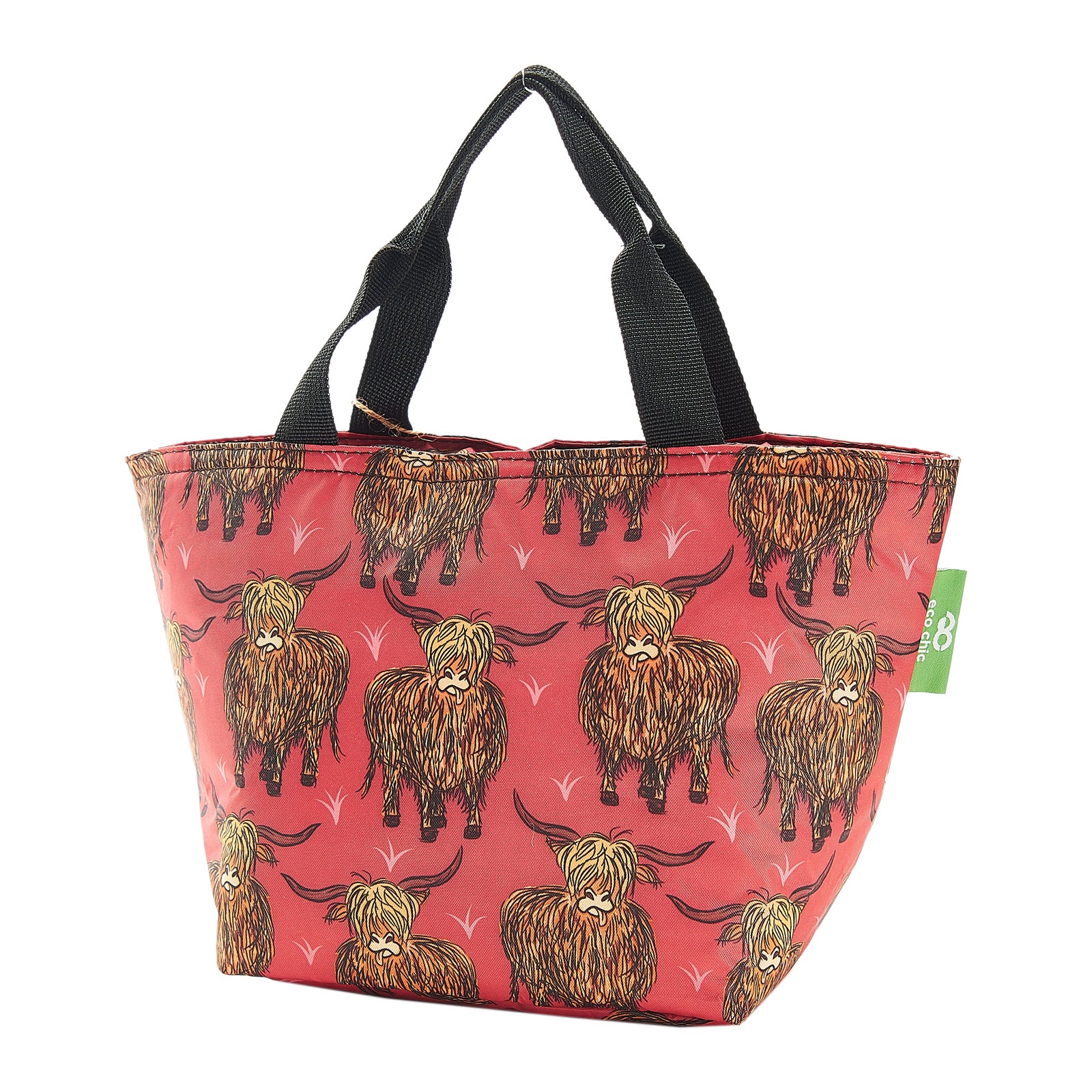 C25RD - Eco Chic Lightweight Foldable Lunch Bag Highland Cow Red (Pack of 2)