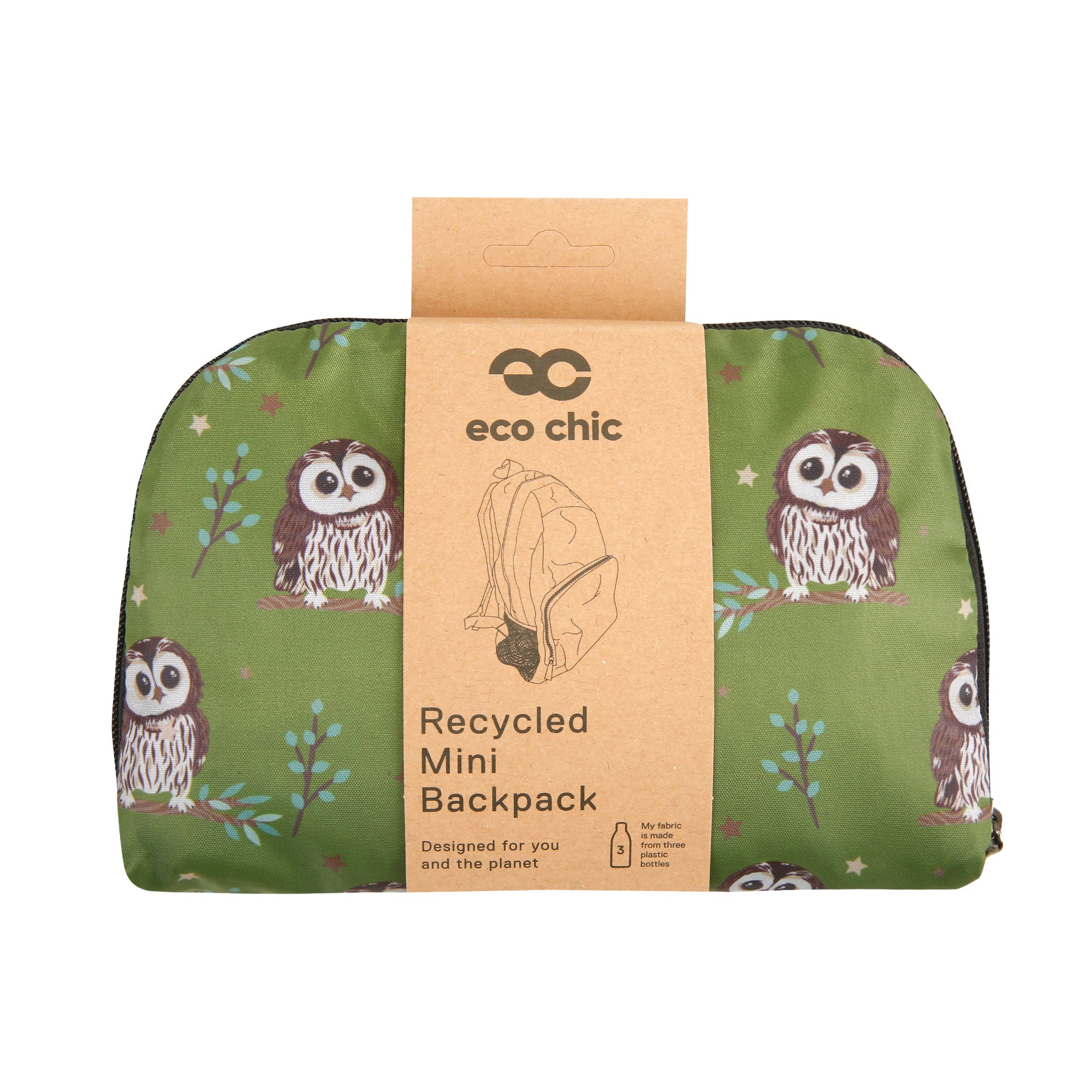 G105GN - Eco Chic Lightweight Foldable Mini Backpack Tawny Owl Green (Pack of 2)