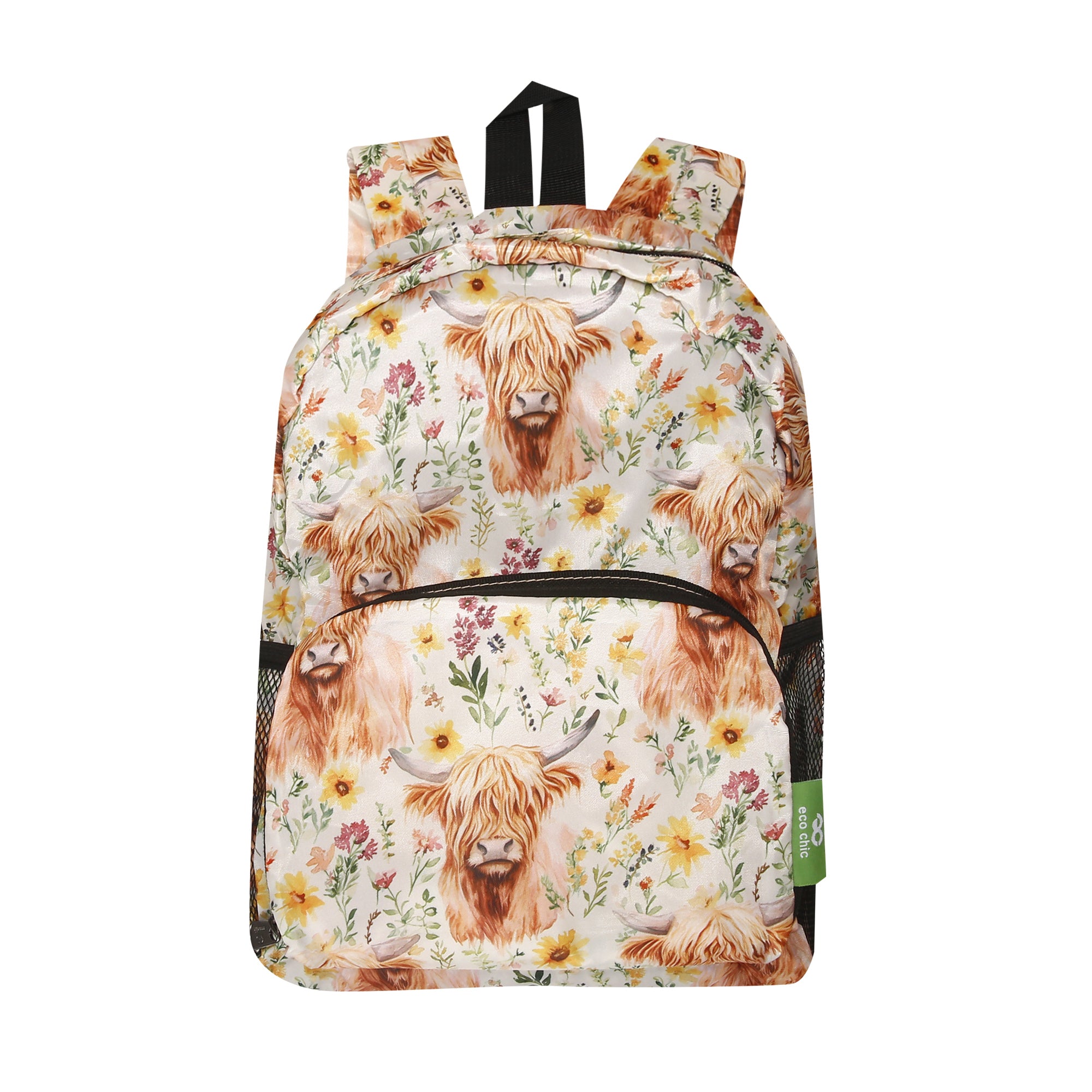 G116BG - Eco Chic Lightweight Foldable Mini Backpack Floral Highland Cow Beige (Pack of 2)