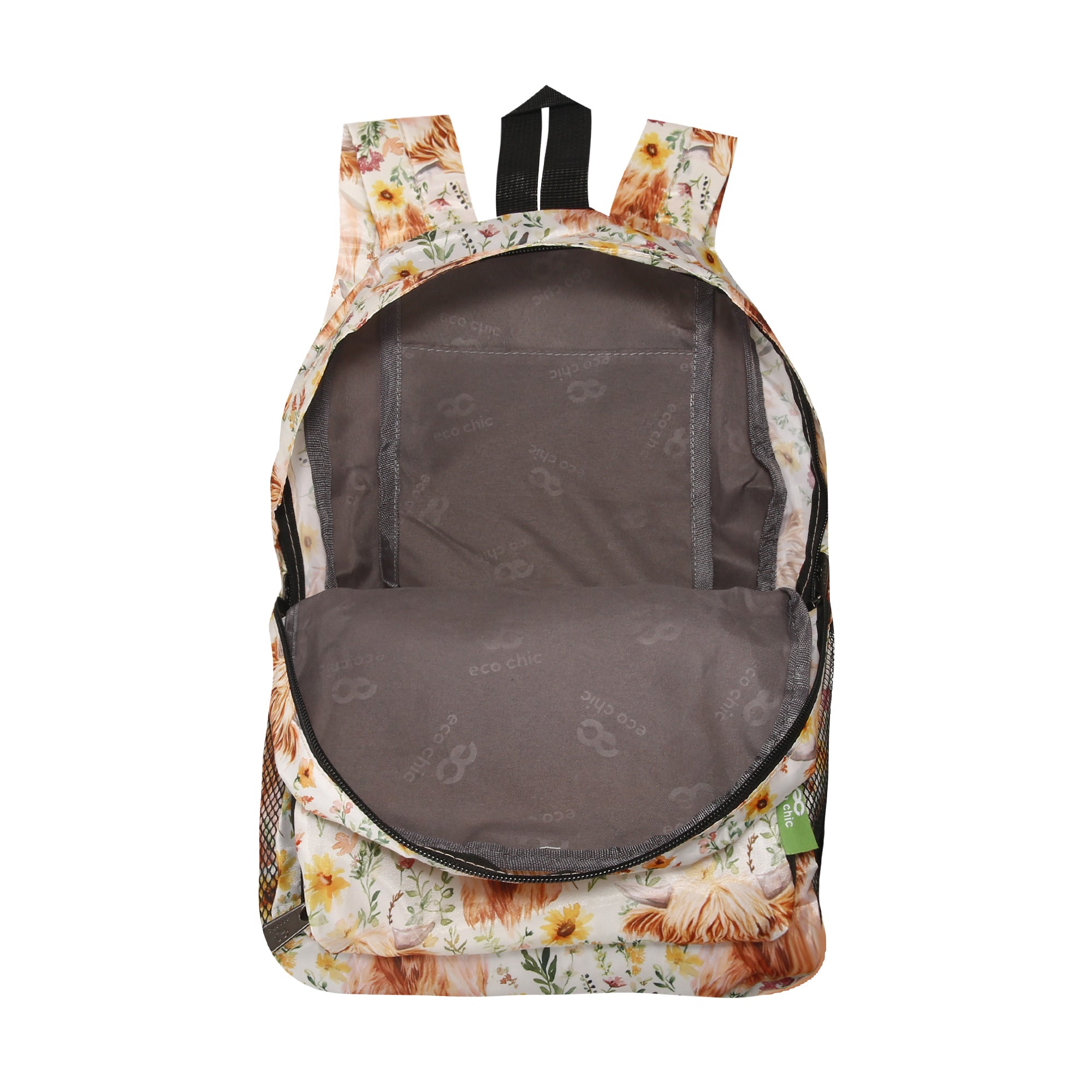 G116BG - Eco Chic Lightweight Foldable Mini Backpack Floral Highland Cow Beige (Pack of 2)