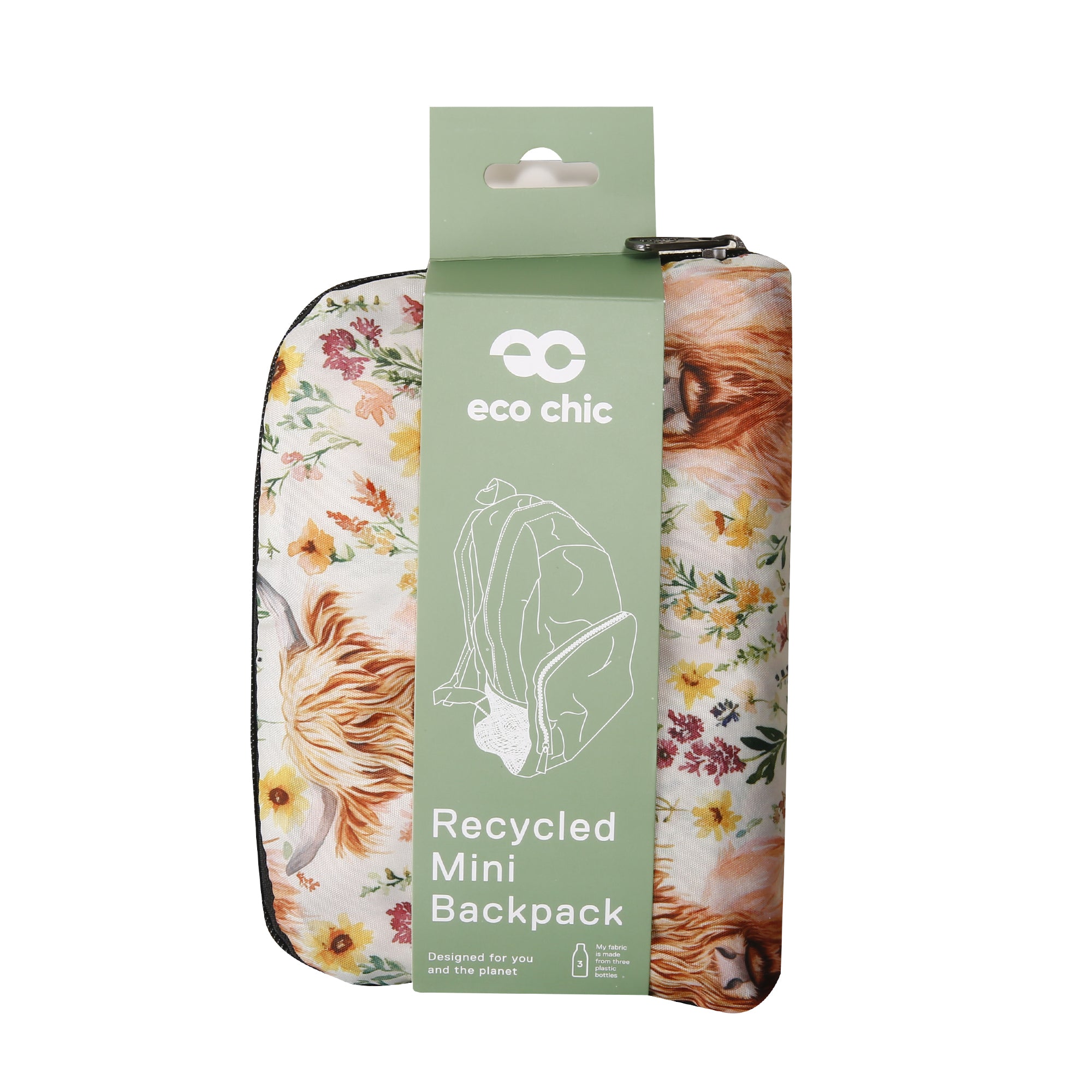 G116BG - Eco Chic Lightweight Foldable Mini Backpack Floral Highland Cow Beige (Pack of 2)