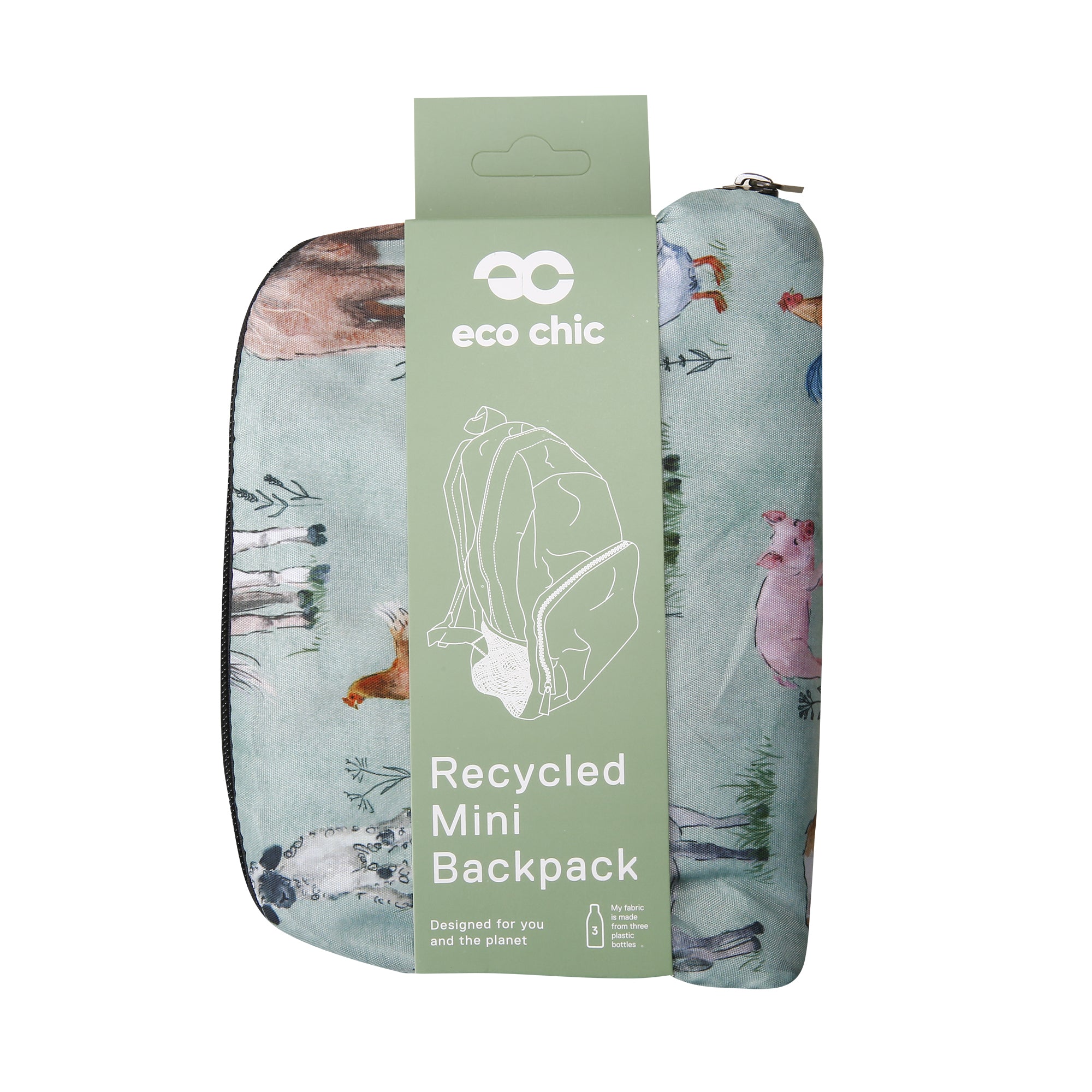 G117SG - Eco Chic Lightweight Foldable Mini Backpack Cottage Animals Sage (Pack of 2)