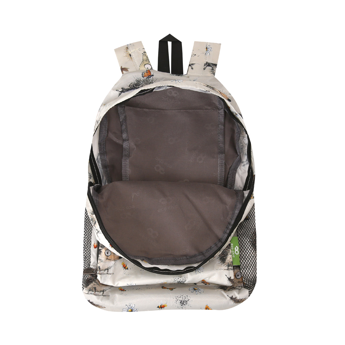 G122BG - Eco Chic Lightweight Foldable Mini Backpack Whimsy Hedgehogs Beige (Pack of 2)