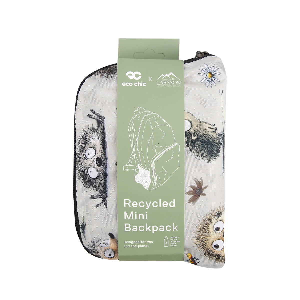 G122BG - Eco Chic Lightweight Foldable Mini Backpack Whimsy Hedgehogs Beige (Pack of 2)