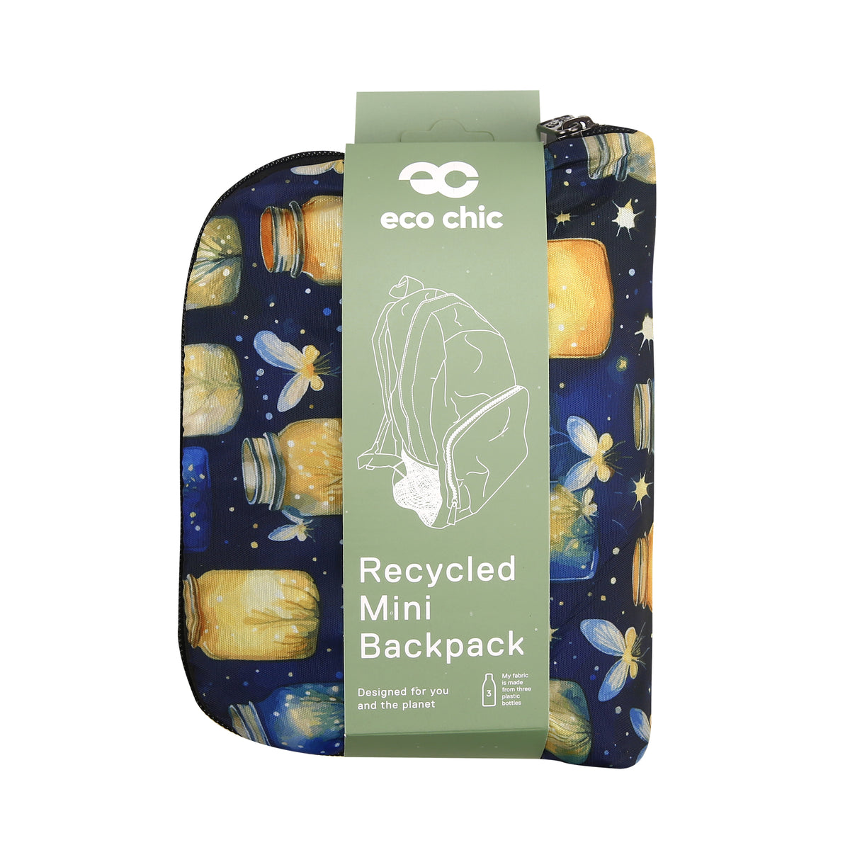 G125BU - Eco Chic Lightweight Foldable Mini Backpack Jars and Fireflies Blue (Pack of 2)
