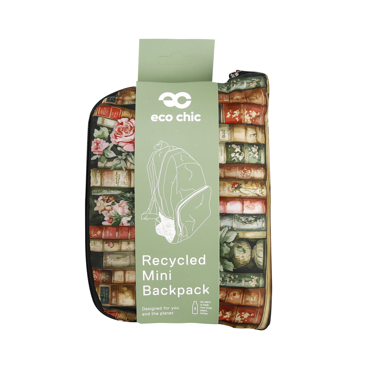 G127ME - Eco Chic Lightweight Foldable Mini Backpack Books and Roses Multiple (Pack of 2)