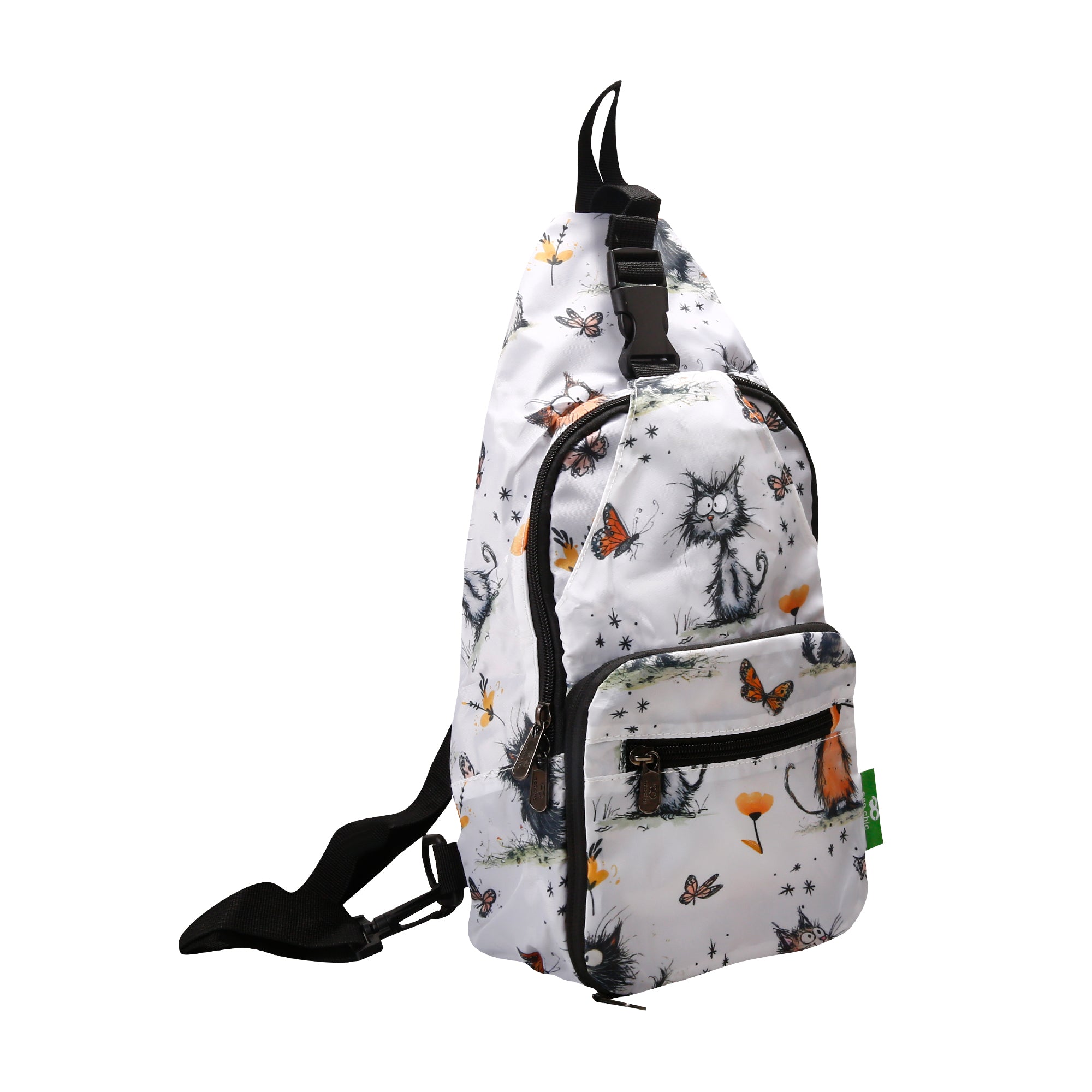 I111WT - Eco Chic Lightweight Foldable Crossbody Bag Whimsy Cats White (Pack of 2)