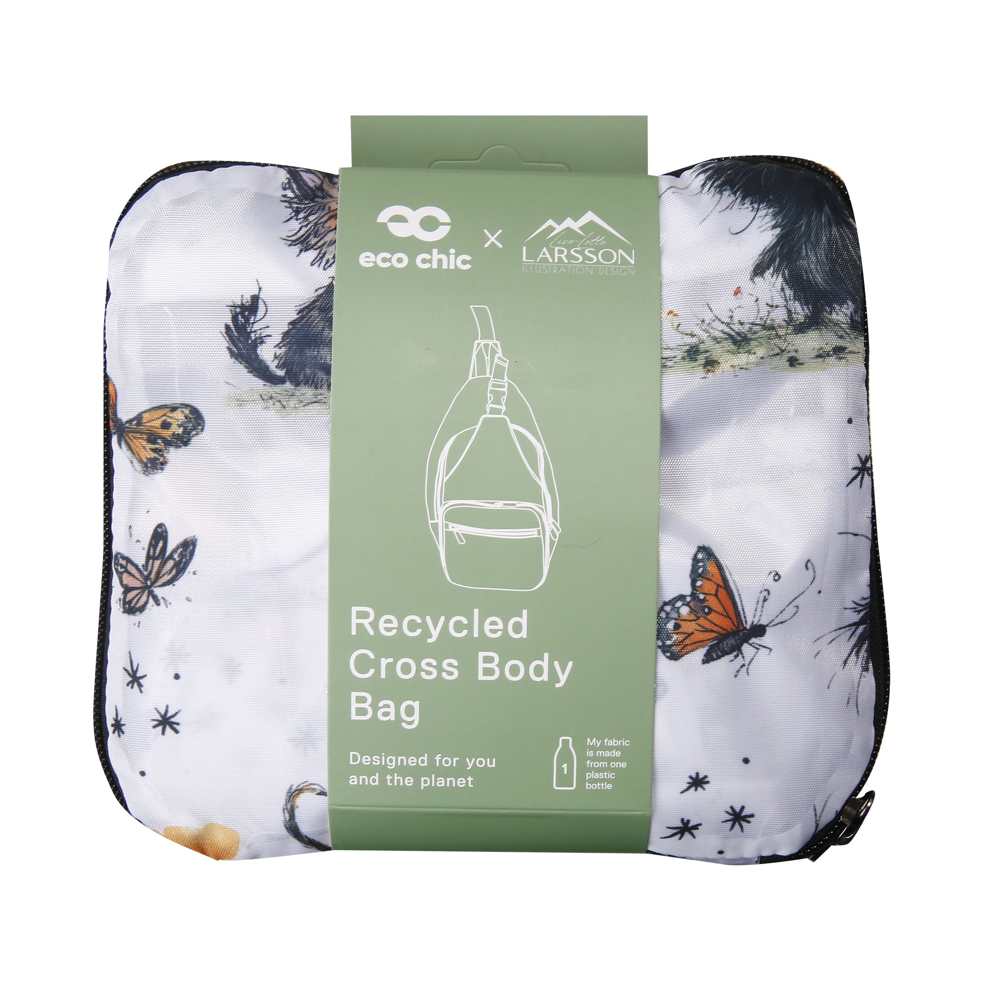 I111WT - Eco Chic Lightweight Foldable Crossbody Bag Whimsy Cats White (Pack of 2)