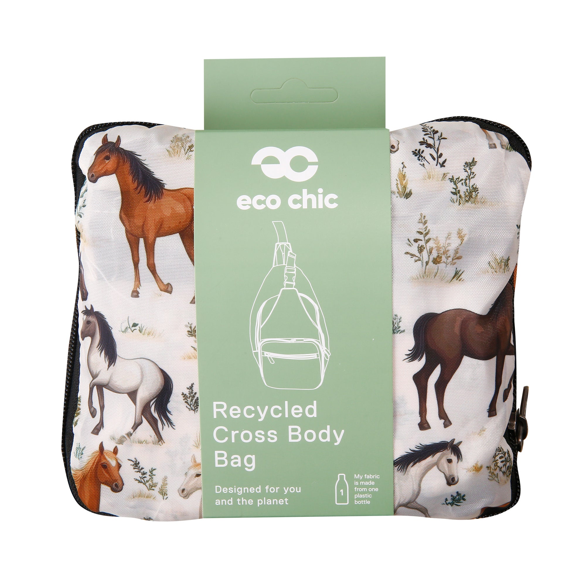 I112BG - Eco Chic Lightweight Foldable Crossbody Bag Wild Horses Beige (Pack of 2)