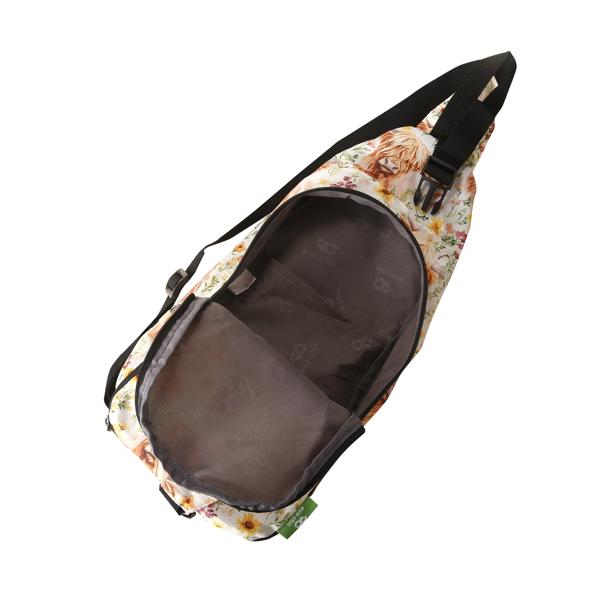I116BG - Eco Chic Lightweight Foldable Crossbody Bag Floral Highland Cow Beige (Pack of 2)