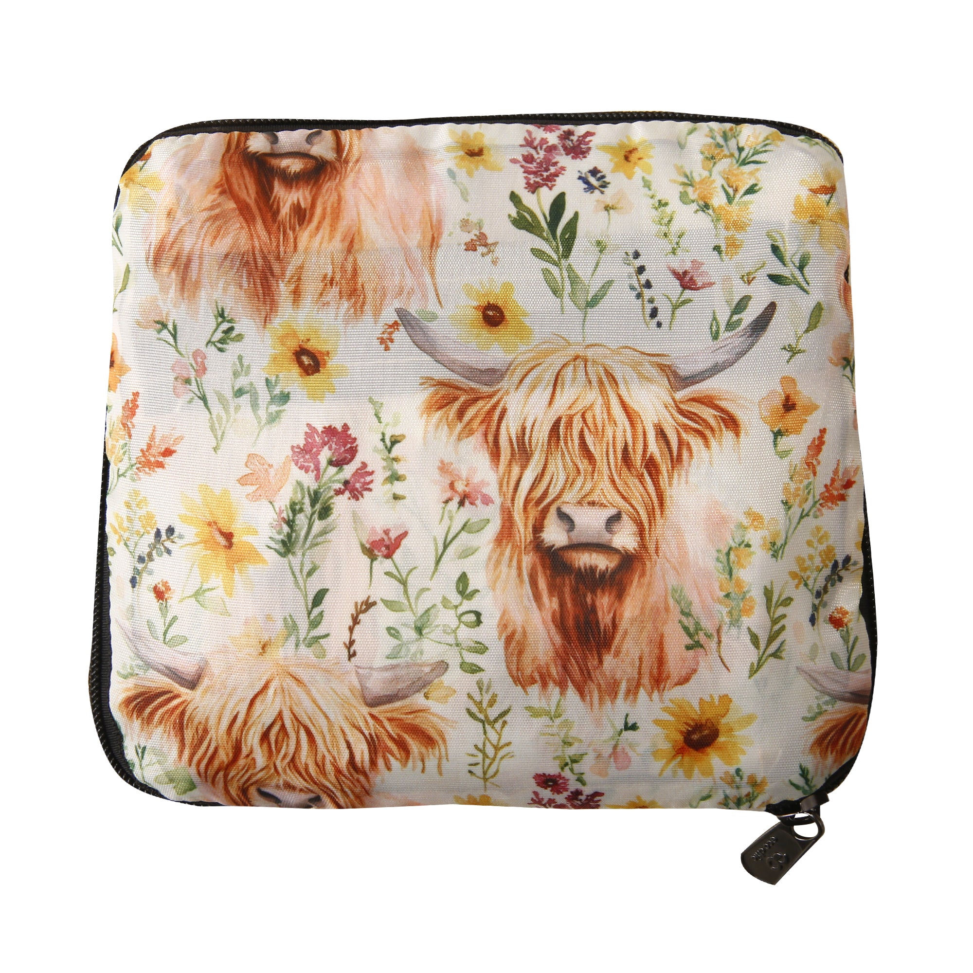 I116BG - Eco Chic Lightweight Foldable Crossbody Bag Floral Highland Cow Beige (Pack of 2)