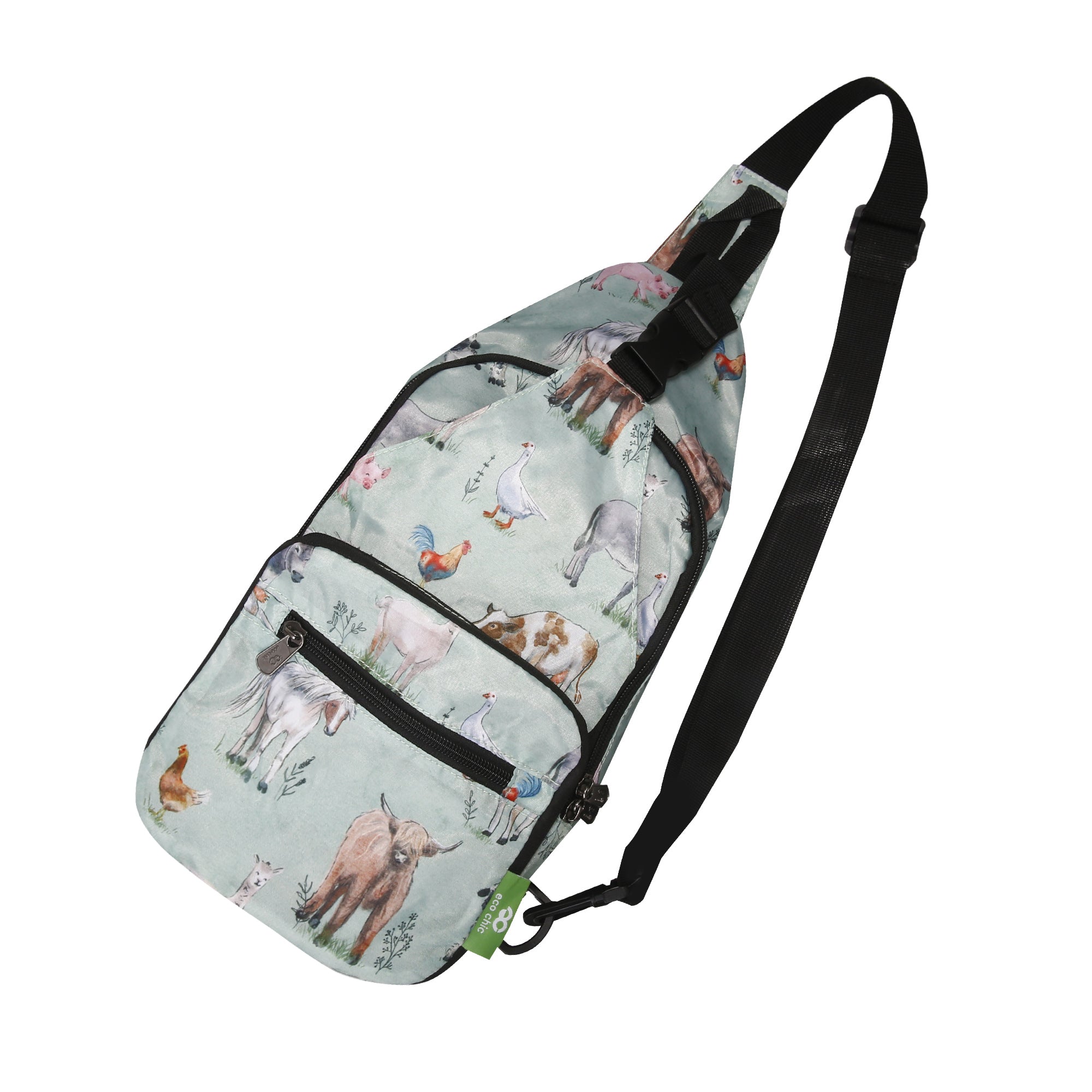 I117SG - Eco Chic Lightweight Foldable Crossbody Bag Cottage Animals Sage (Pack of 2)