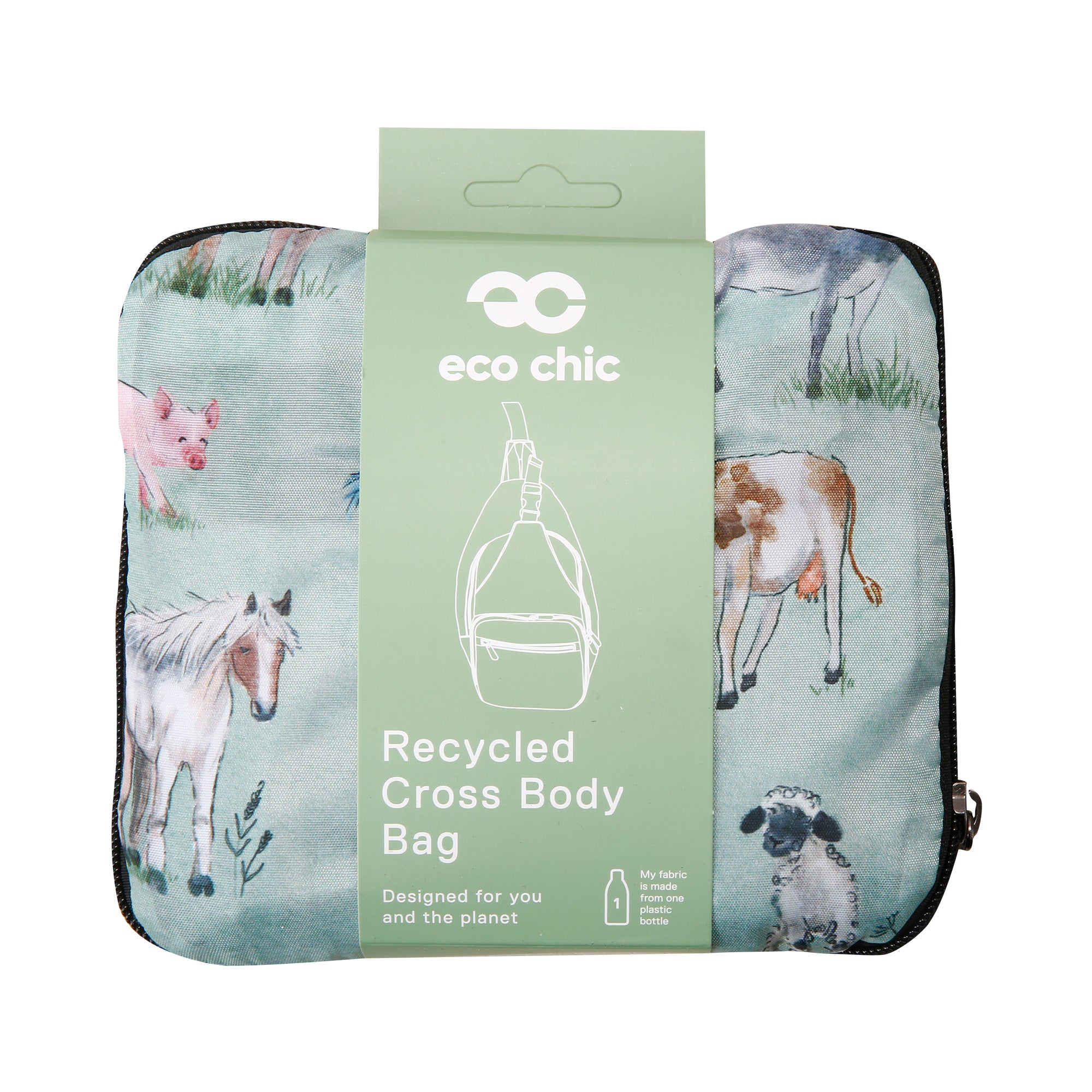 I117SG - Eco Chic Lightweight Foldable Crossbody Bag Cottage Animals Sage (Pack of 2)